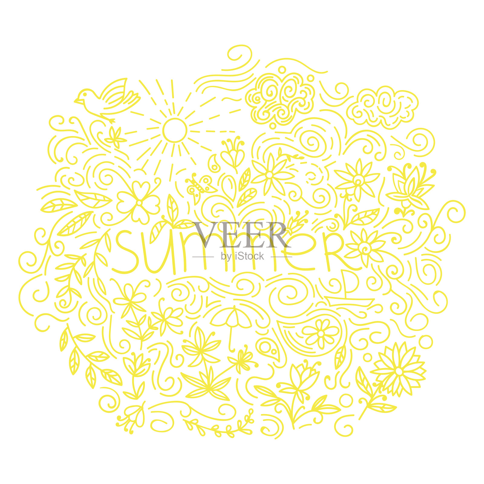夏天的明信片。夏日卡片上有花卉元素,鲜花,太阳,卷曲的线条。矢量插图。插画图片素材