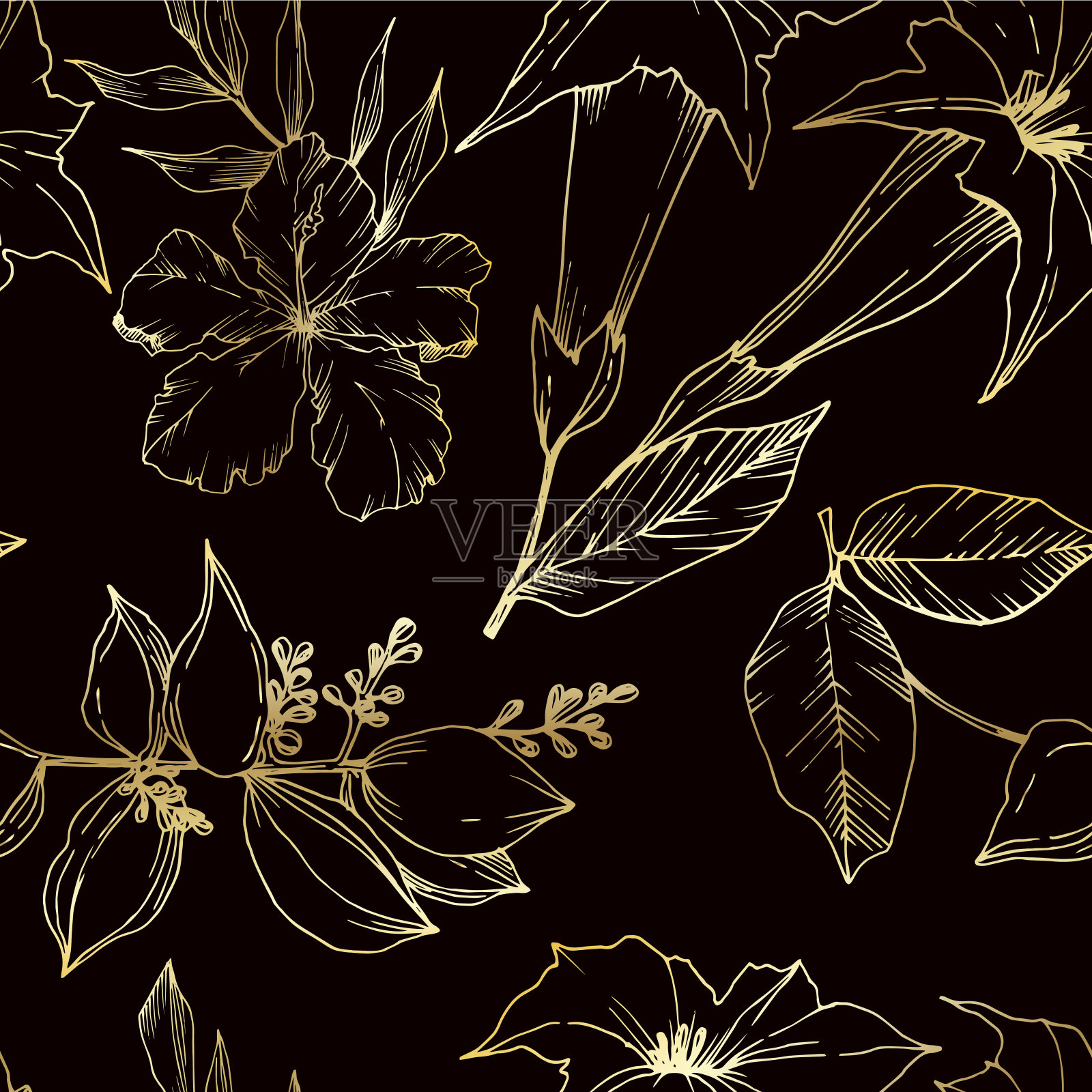 病媒热带花和叶孤立。黑白篆刻水墨艺术。无缝的背景图案。插画图片素材