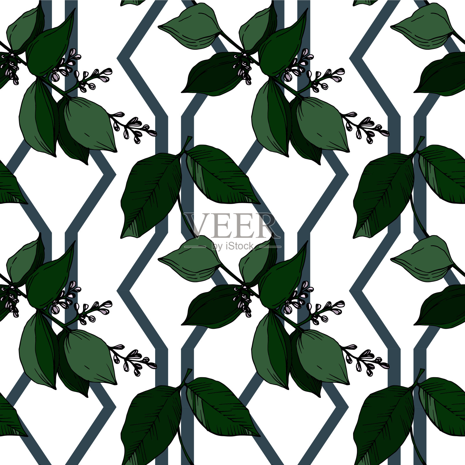 病媒热带花和叶孤立。黑白篆刻水墨艺术。无缝的背景图案。插画图片素材