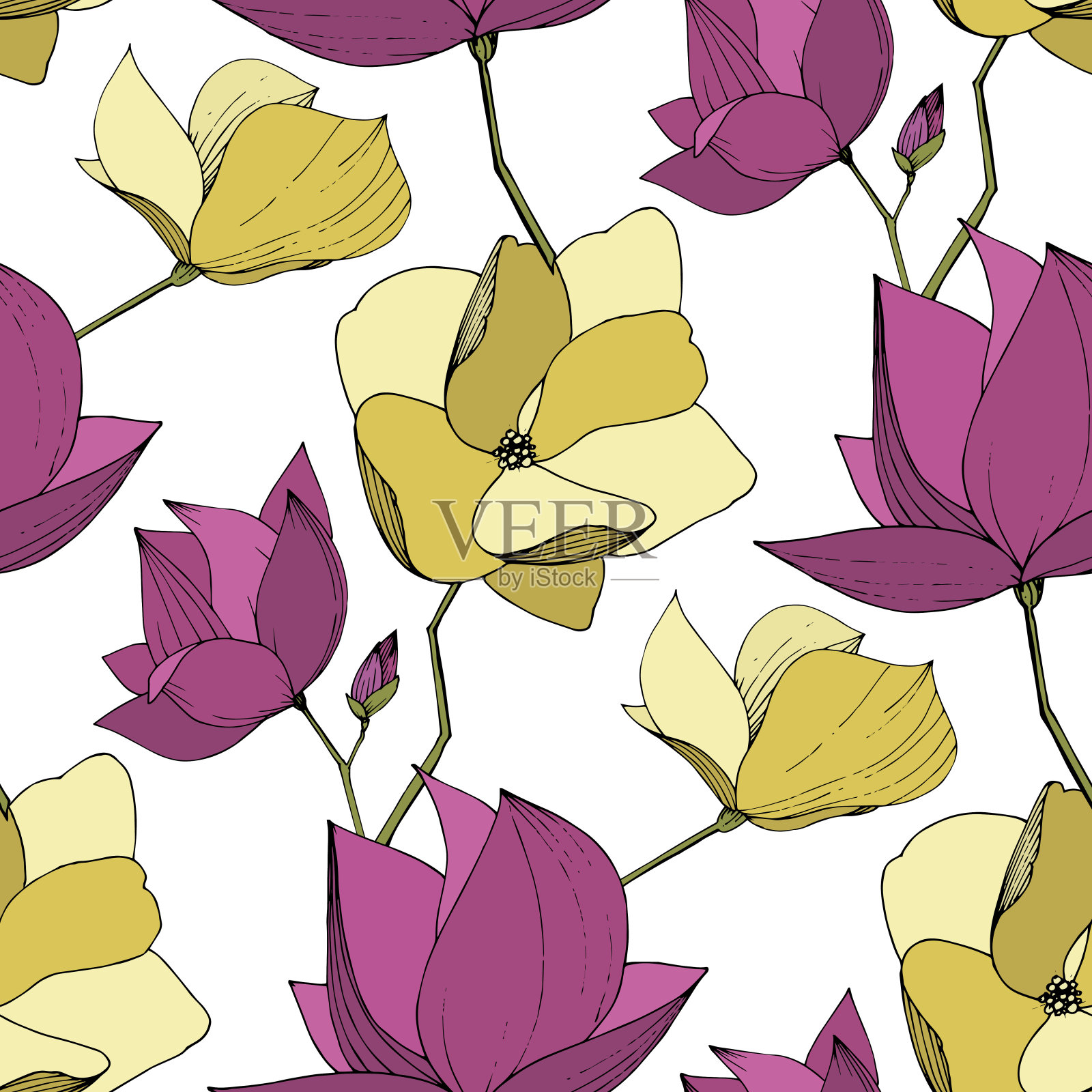 玉兰花载体植物花。紫色和黄色的雕刻水墨艺术。无缝的背景图案。插画图片素材