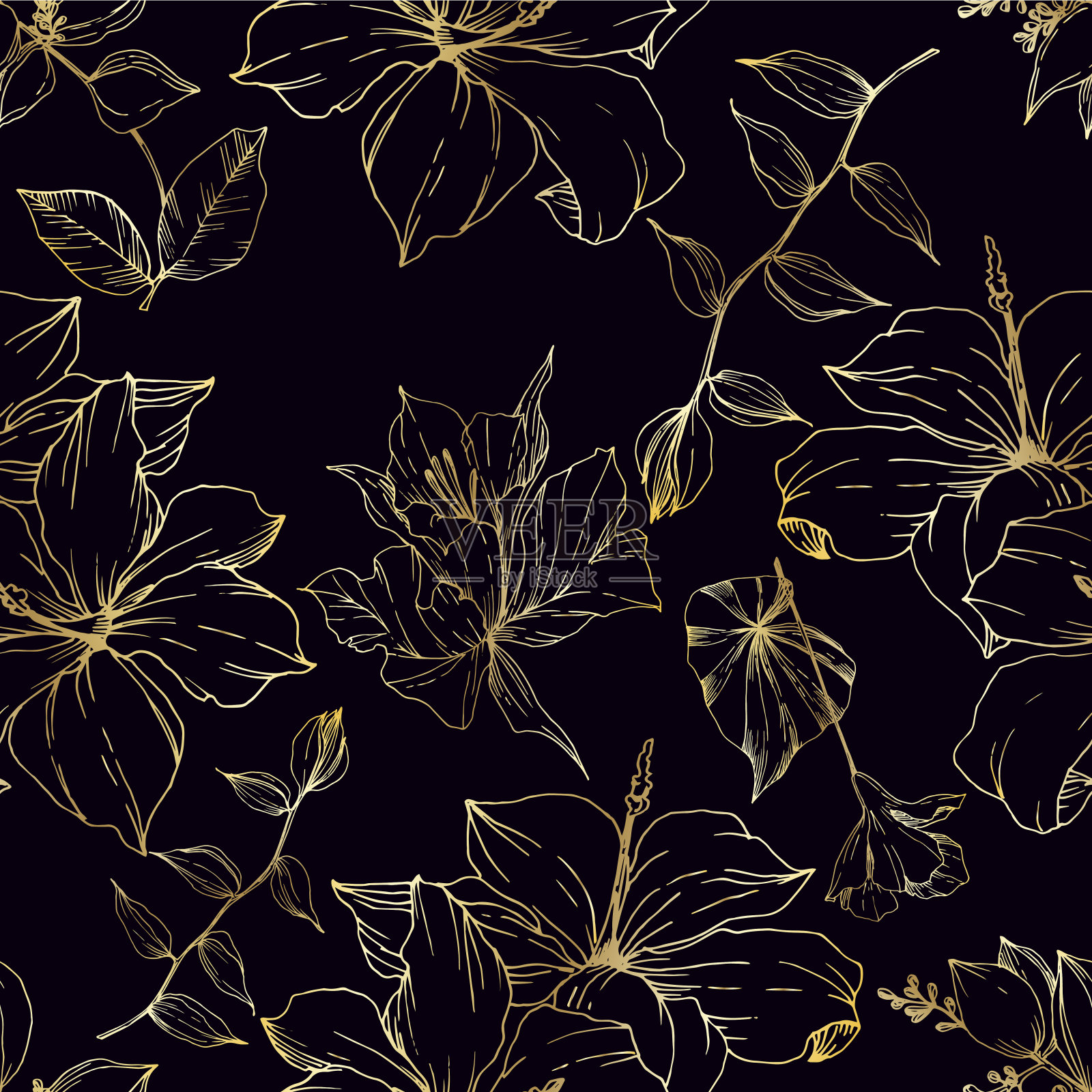 病媒热带花和叶孤立。黑白篆刻水墨艺术。无缝的背景图案。插画图片素材