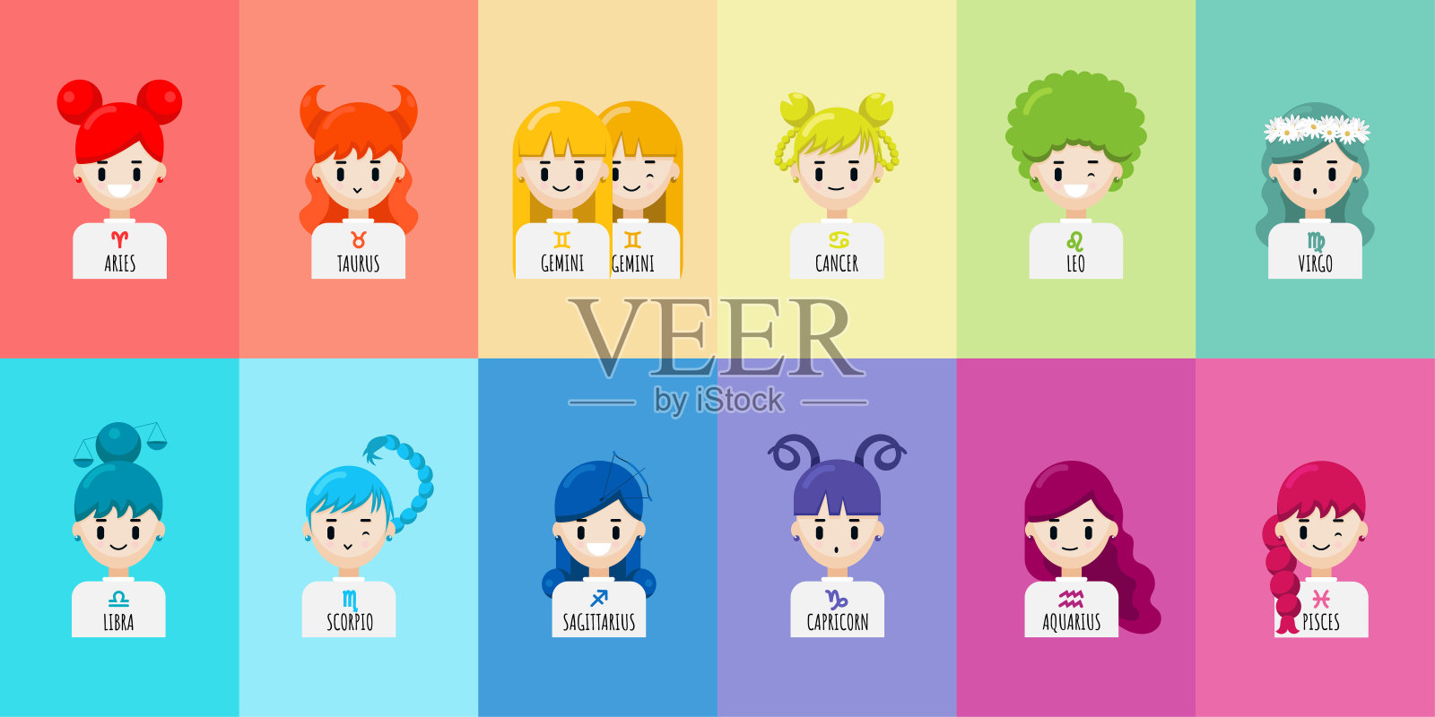 矢量组卡通人物十二宫女孩。白羊座、金牛座、双子座、巨蟹座、狮子座、处女座、天秤座、天蝎座、射手座、摩羯座、水瓶座、双鱼座星座图设计元素图片