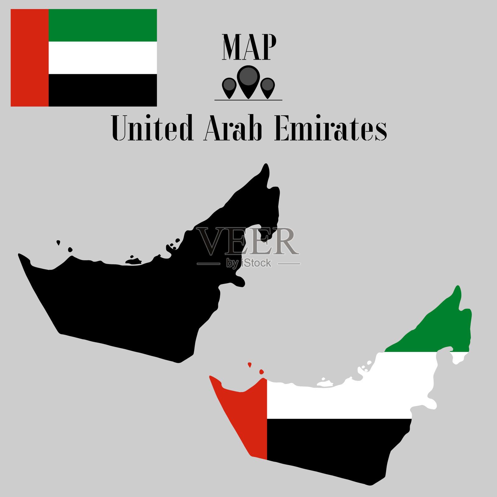 阿拉伯联合酋长国或阿联酋轮廓世界地图,轮廓剪影与国旗内部矢量插图创意设计,孤立的背景,物体,元素,象征从国家设置。插画图片素材