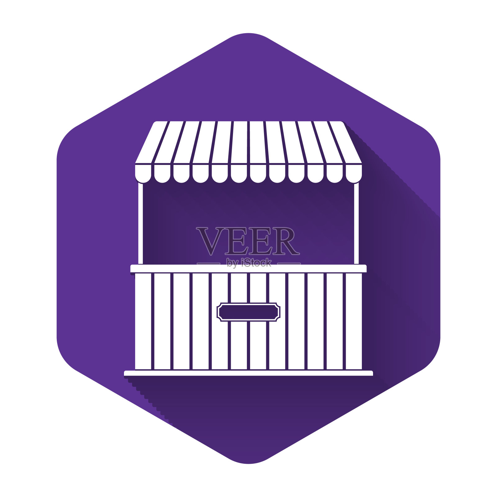 白色街道摊位与遮阳篷和木架图标孤立与长影子。有木架子的亭。紫色的六角按钮。矢量图插画图片素材