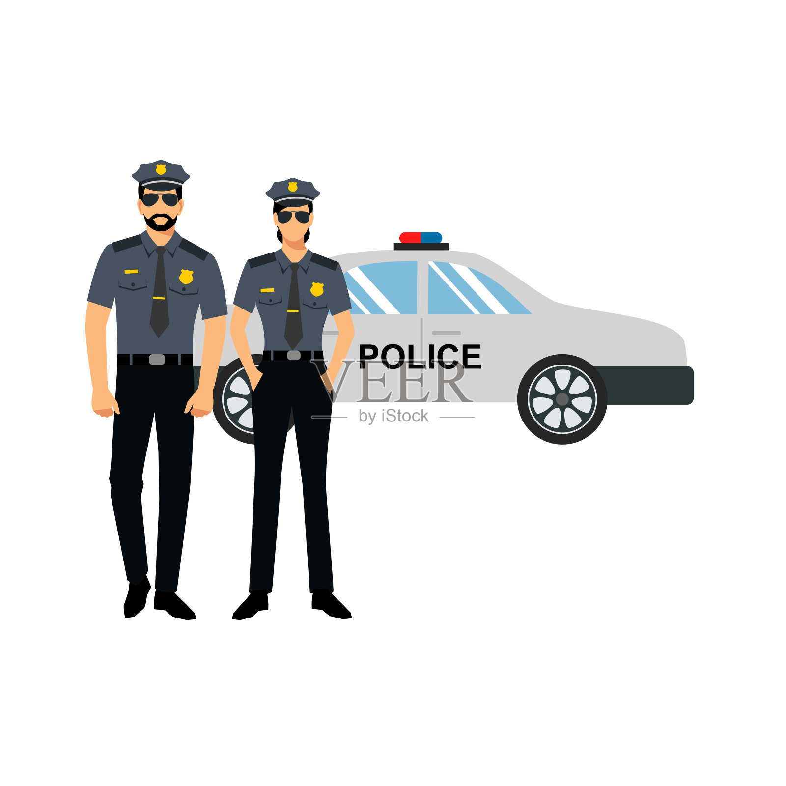两名警察在警车旁。插画图片素材