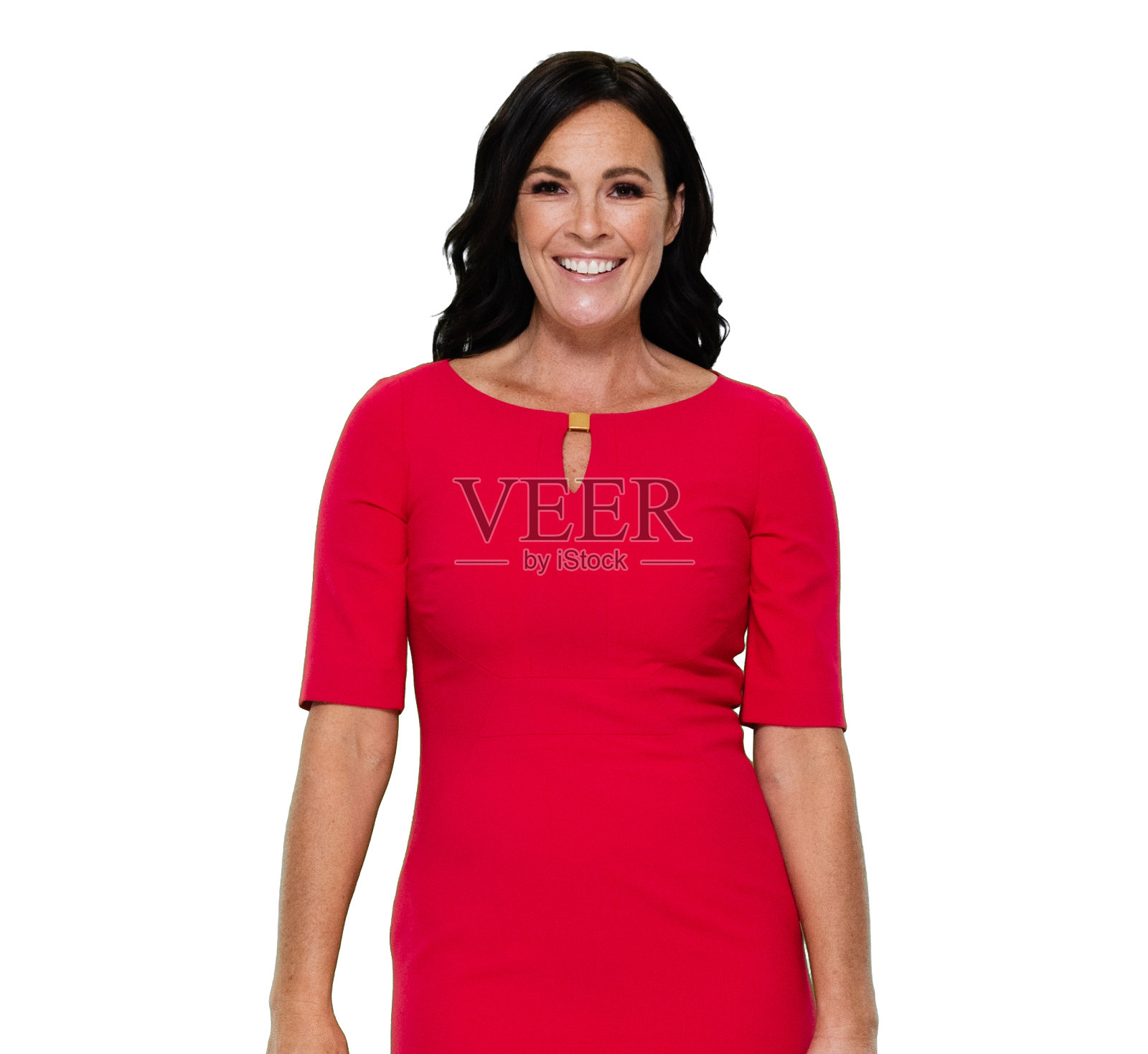 正面视图/看相机/一个人/腰部以上/成年美丽的黑发/长发白人女性/年轻女性站着穿着衣服谁是微笑/快乐/愉快/大笑/酷的态度与肩并肩照片摄影图片