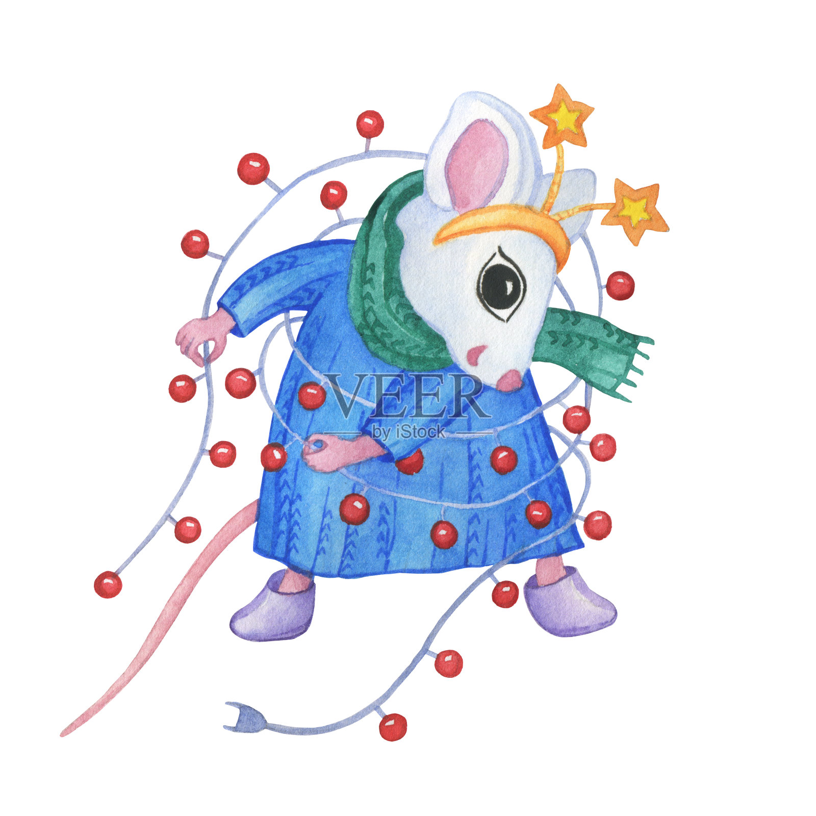 2020年中国新年的象征——穿着冬装、戴着节日花环的可爱的白色小老鼠。卡通水彩手绘绘画插图,孤立在一个白色的背景。插画图片素材