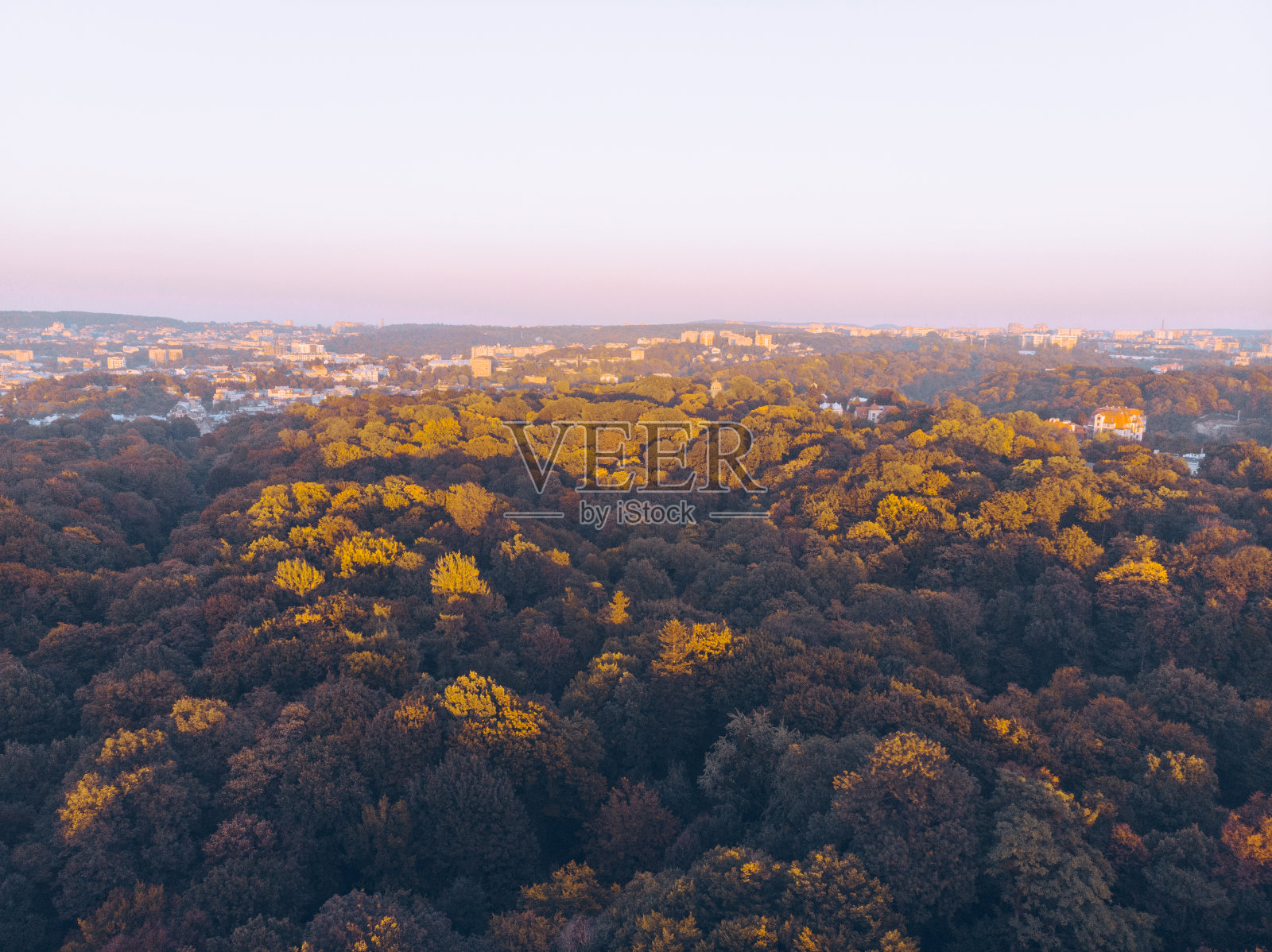 鸟瞰图的秋天城市公园上的日落拷贝空间照片摄影图片