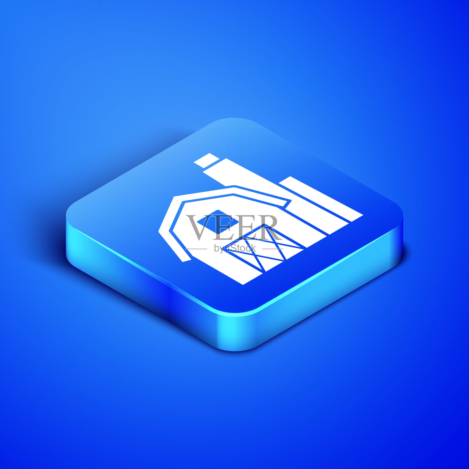 等距农家概念图标孤立在蓝色背景。乡村农业景观。蓝色方块按钮。矢量图插画图片素材