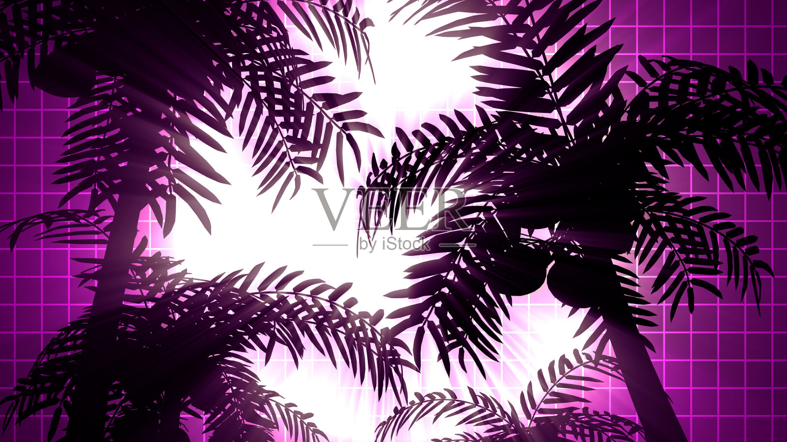 复古的未来主义背景与棕榈树在太阳的背景。80年代风格的电脑图形照片摄影图片