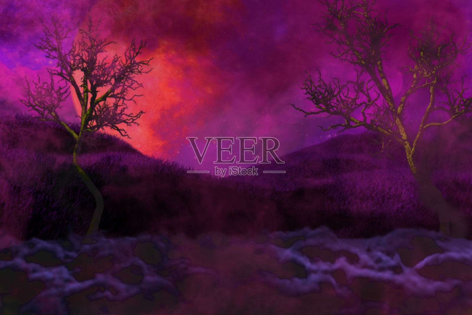 万圣节生动的令人毛骨悚然的暗夜纹理-背景设计模板3D插图与自由空间的左边和右边,在黑暗的概念灯笼插画图片素材