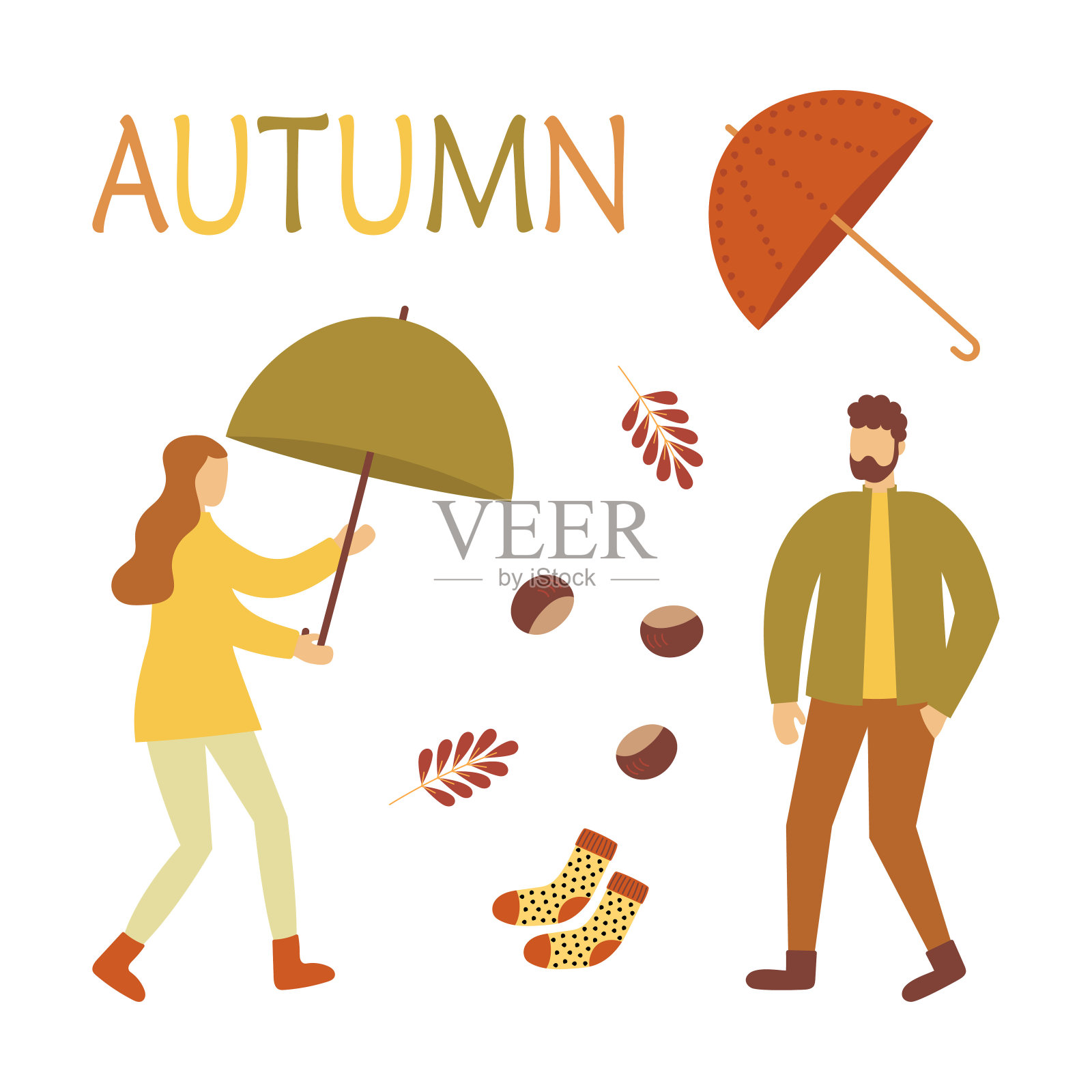 秋天给人们撑起了伞插画图片素材