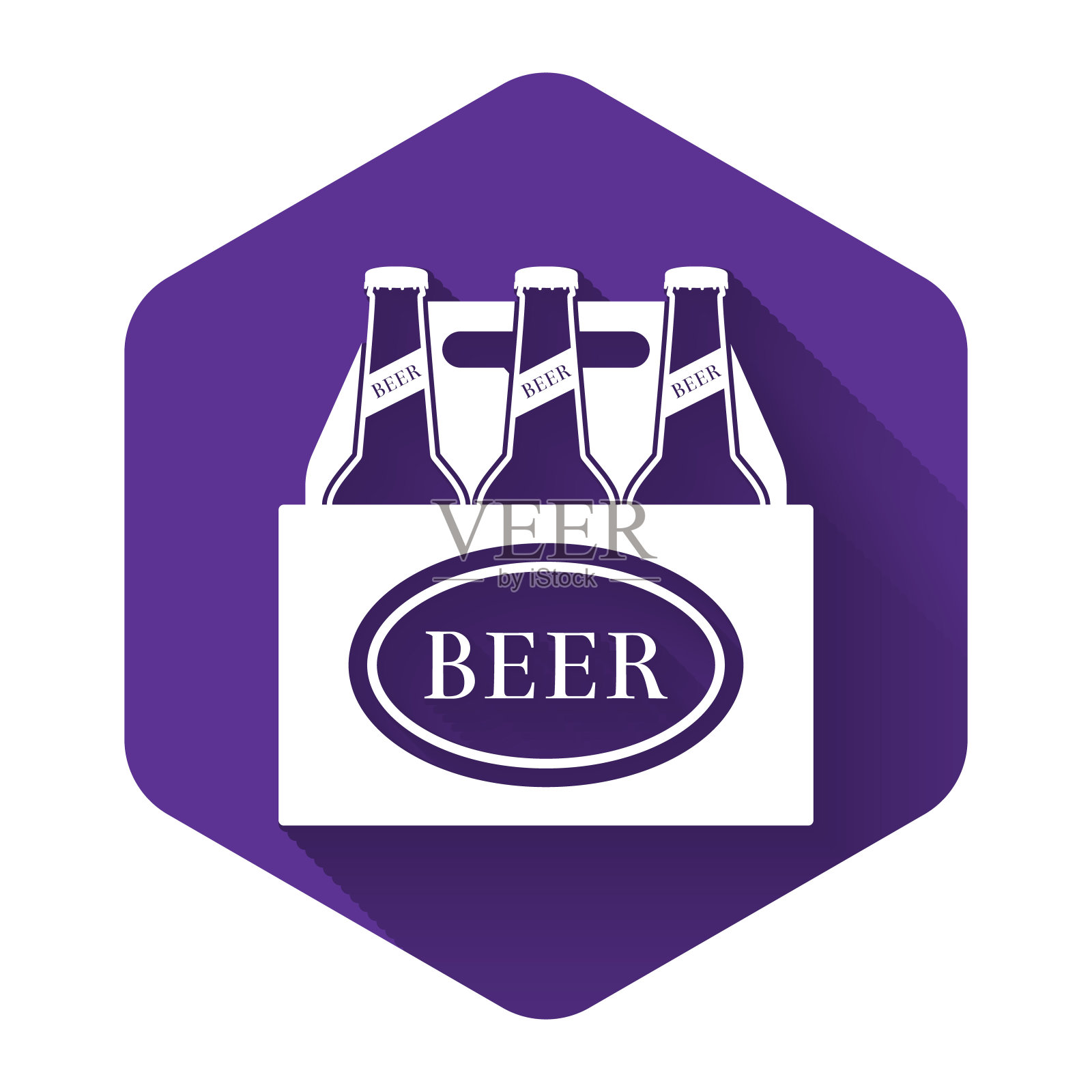 白色包装的啤酒瓶图标孤立与长影子。箱箱啤酒箱标志。紫色的六角按钮。矢量图插画图片素材