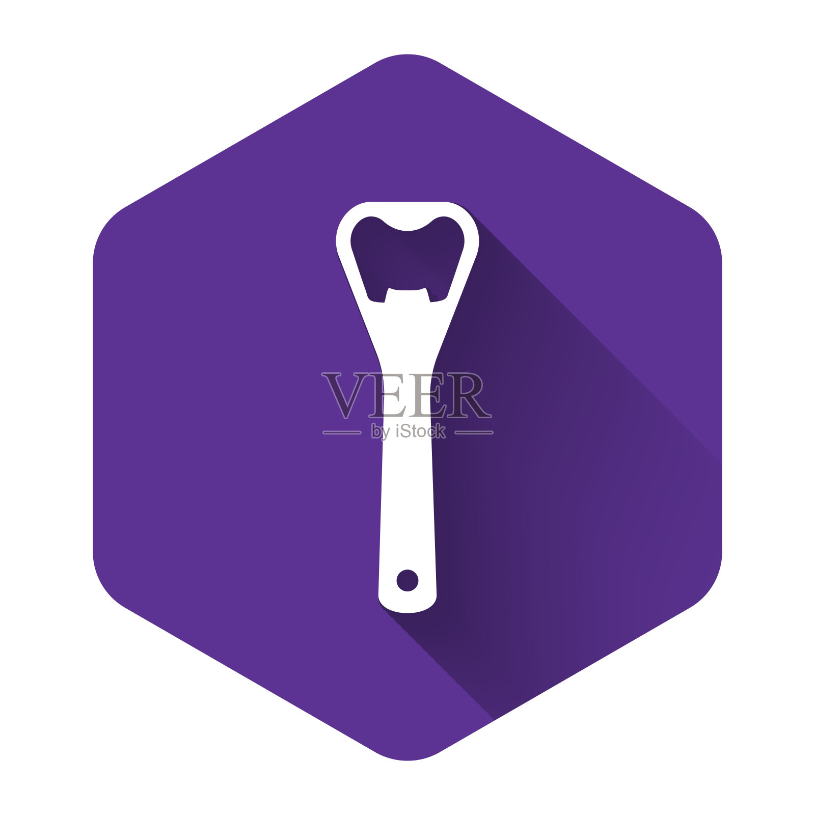 白色开瓶器图标孤立与长影子。紫色的六角按钮。矢量图插画图片素材