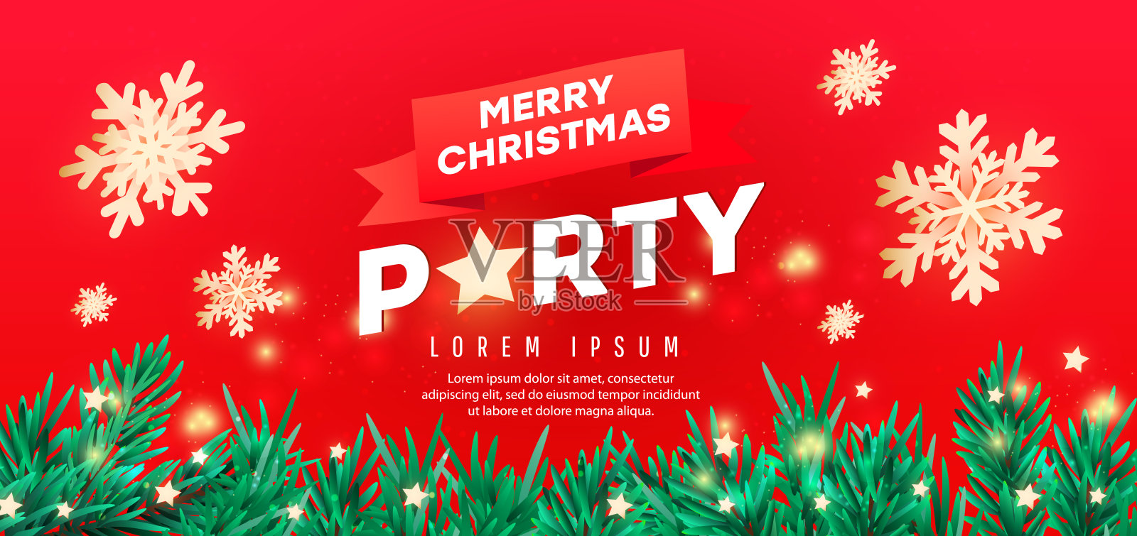 圣诞派对设计模板横幅与树枝冷杉树,星星和剪纸雪花在红色的背景上使用网络横幅设计模板素材