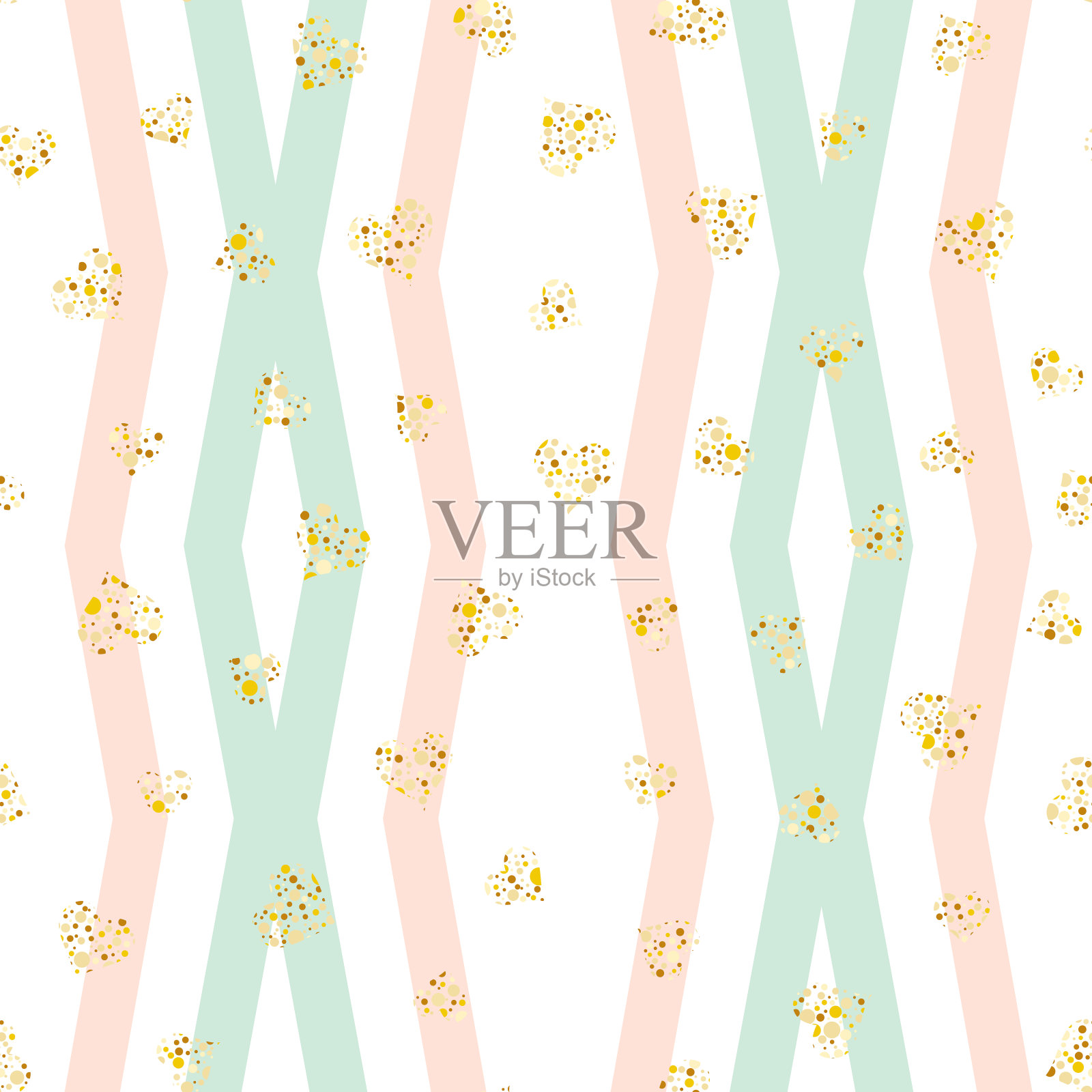 心脏黄金闪光无缝图案与人字形条纹。快乐Valentineâ的日子背景插画图片素材