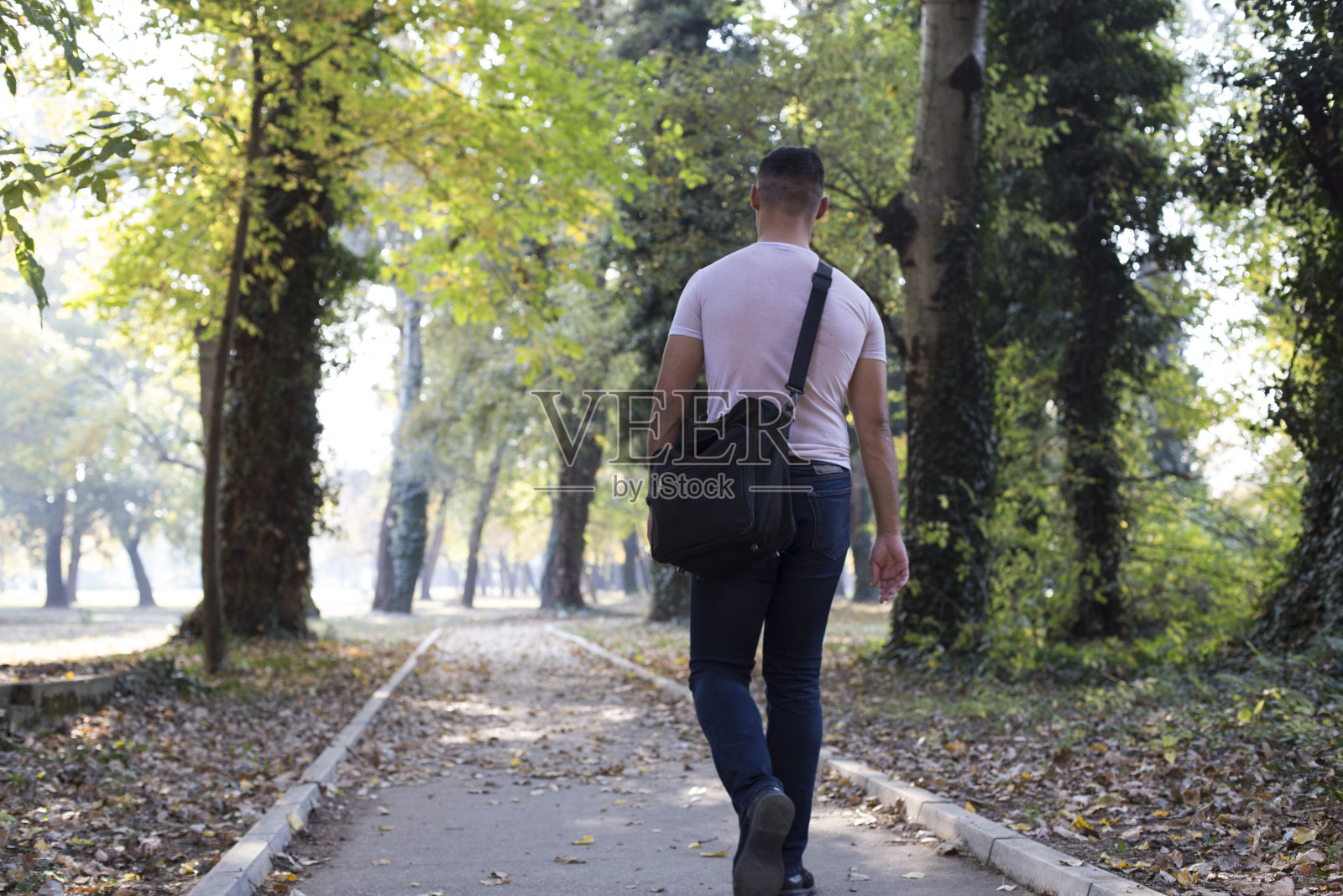 秋天的清晨,一个人沿着湖边公园的小路散步照片摄影图片