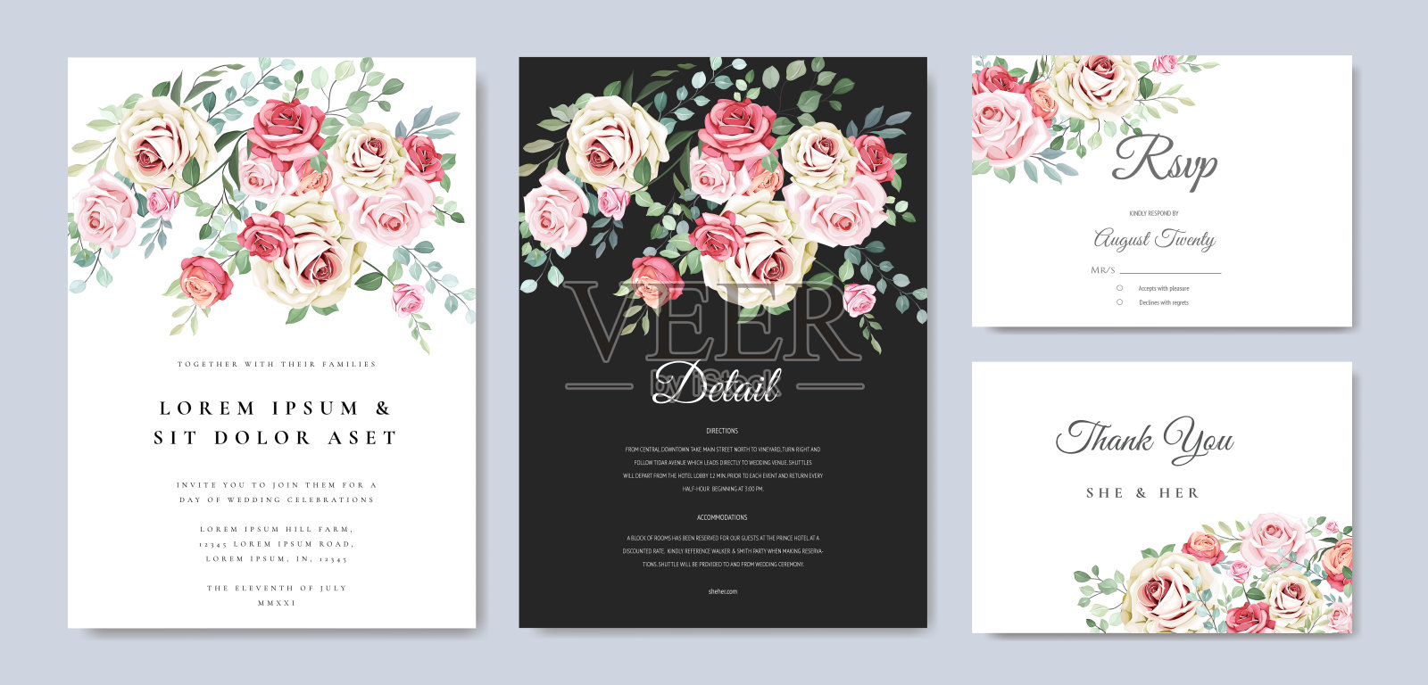 美丽的婚礼邀请卡与花卉和树叶模板设计模板素材