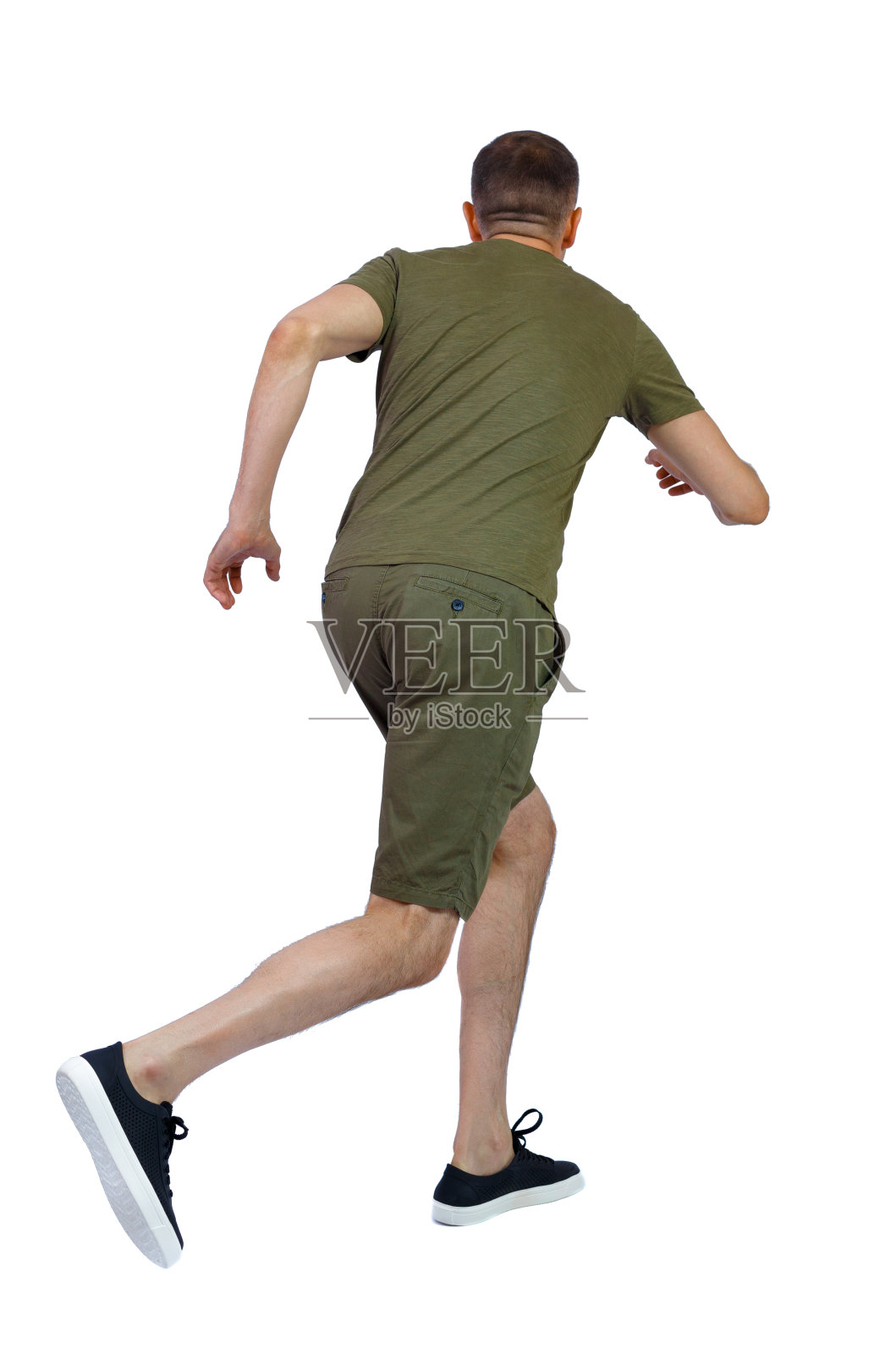 穿短裤跑步的男人的后视图。照片摄影图片