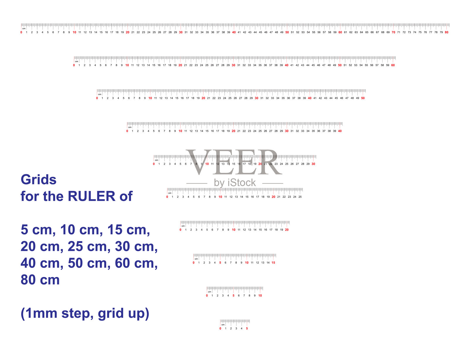 大网格为尺5,10,15 20,25,30,40,50,60,80厘米。校准网格。1毫米步,栅格向上。插画图片素材