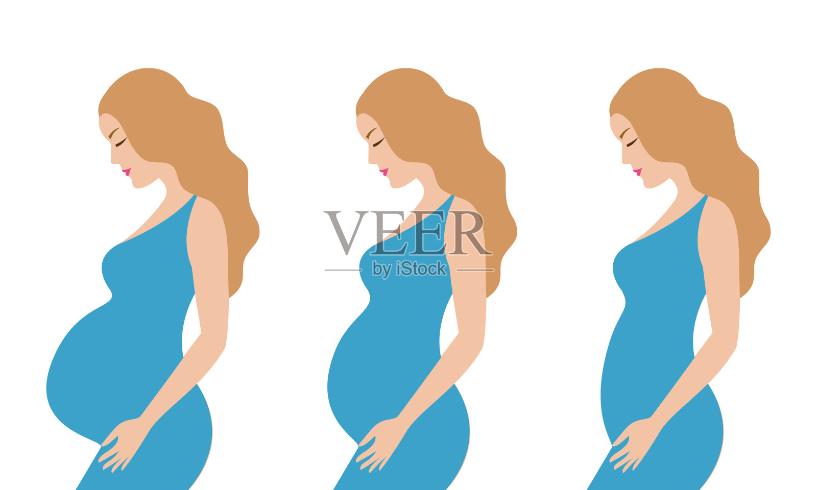 简单可爱的彩色矢量插图的金发孕妇不同的发型在蓝色的裙子。怀孕3个月。插画图片素材