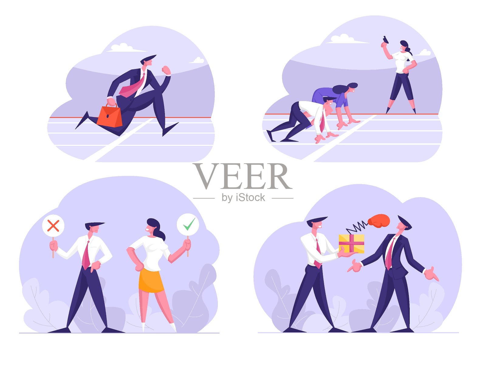 商业马拉松竞赛、政治投票和不公平格斗。商人在体育场跑道上跑步和比赛,持有是不标志,拳击拳击卡通平面矢量插图插画图片素材