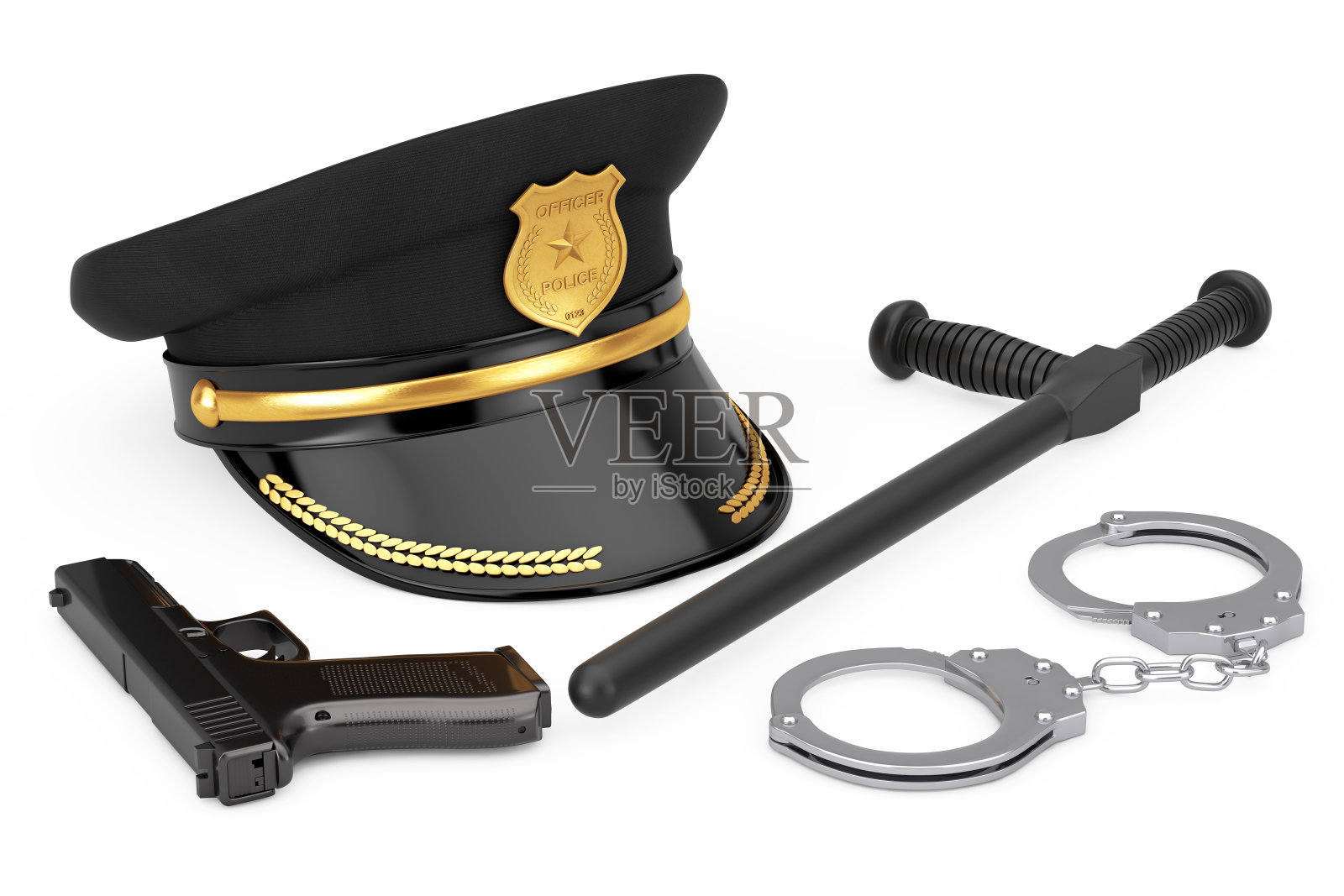 金属手铐,黑色橡胶警棍或警棍,强大的金属警察手枪枪和警察帽子与金色徽章照片摄影图片