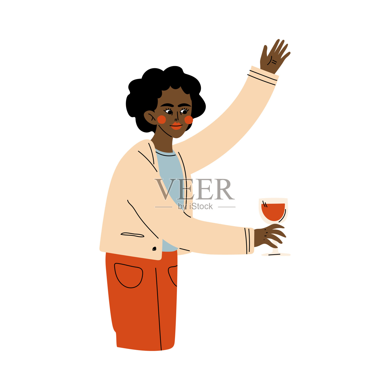 非裔美国女孩用红酒庆祝矢量插图插画图片素材