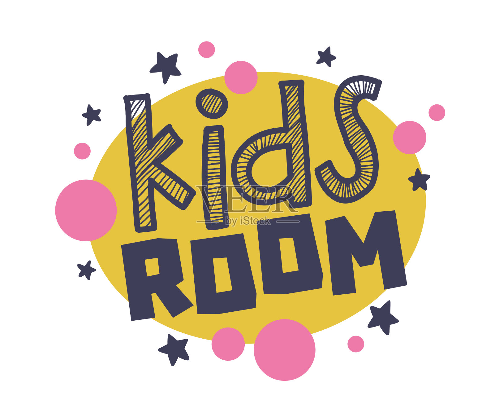 儿童房会徽设计,带有文字,粉红色和黄色的星星作背景。插画图片素材