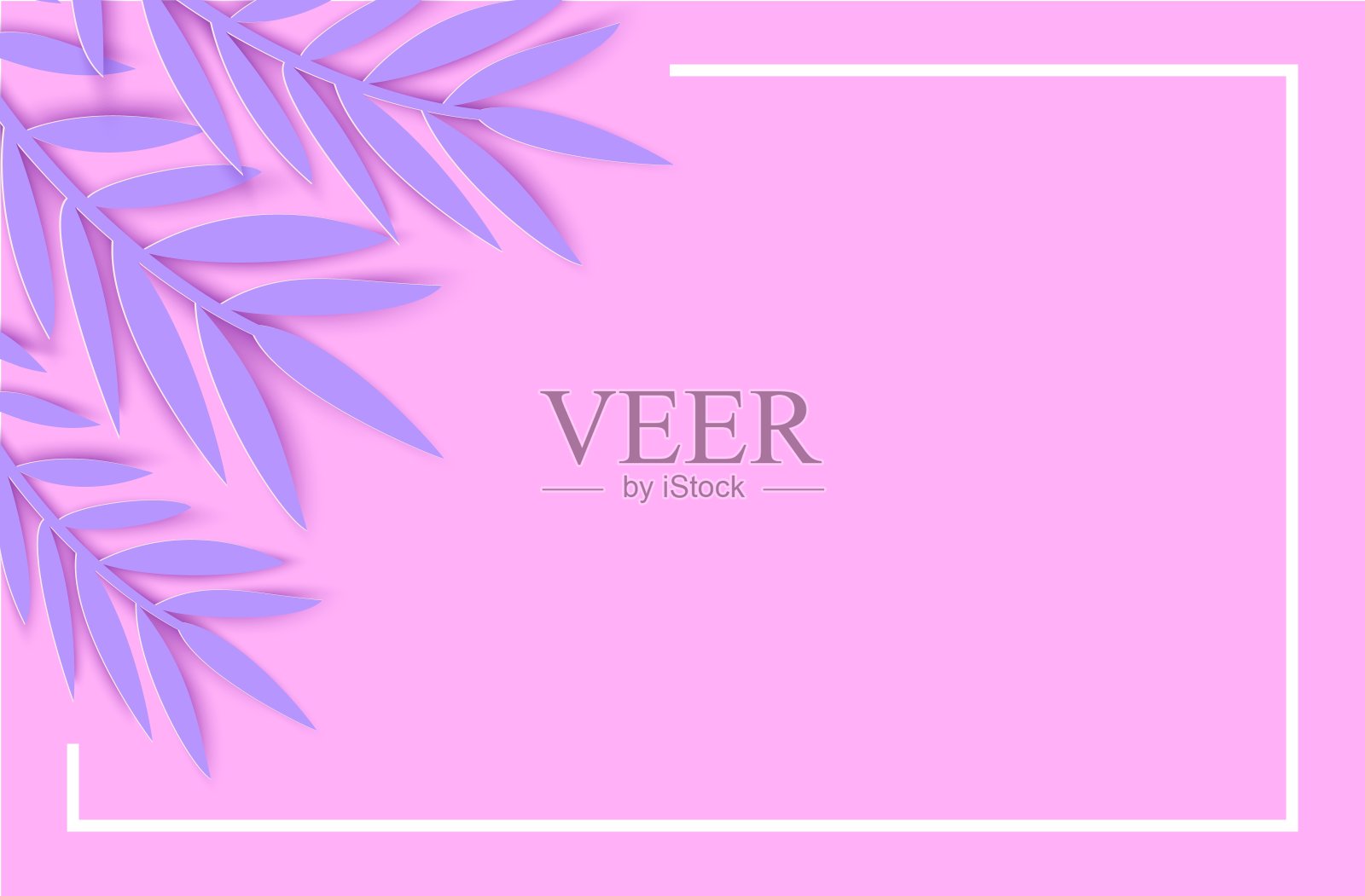 摘要剪纸紫色叶子为旗帜设计。聚会的邀请。向量的模板。丛林植物插图。热带纸棕榈,白色框架粉红色背景的怪物叶。插画图片素材