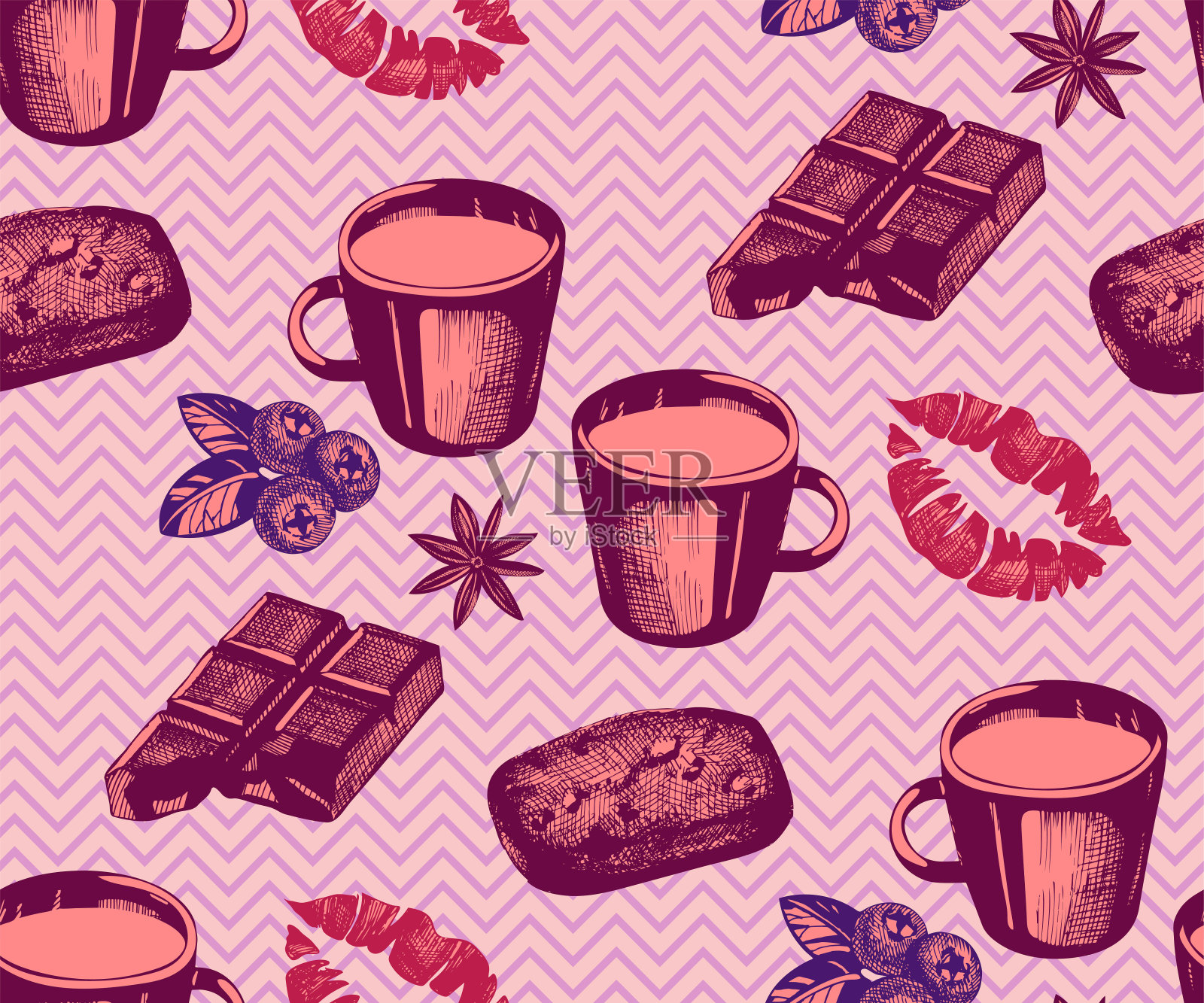 无缝模式与一杯咖啡,巧克力和饼干。手绘装饰背景。矢量模式。印刷纺织品,布料,墙纸,剪贴簿插画图片素材