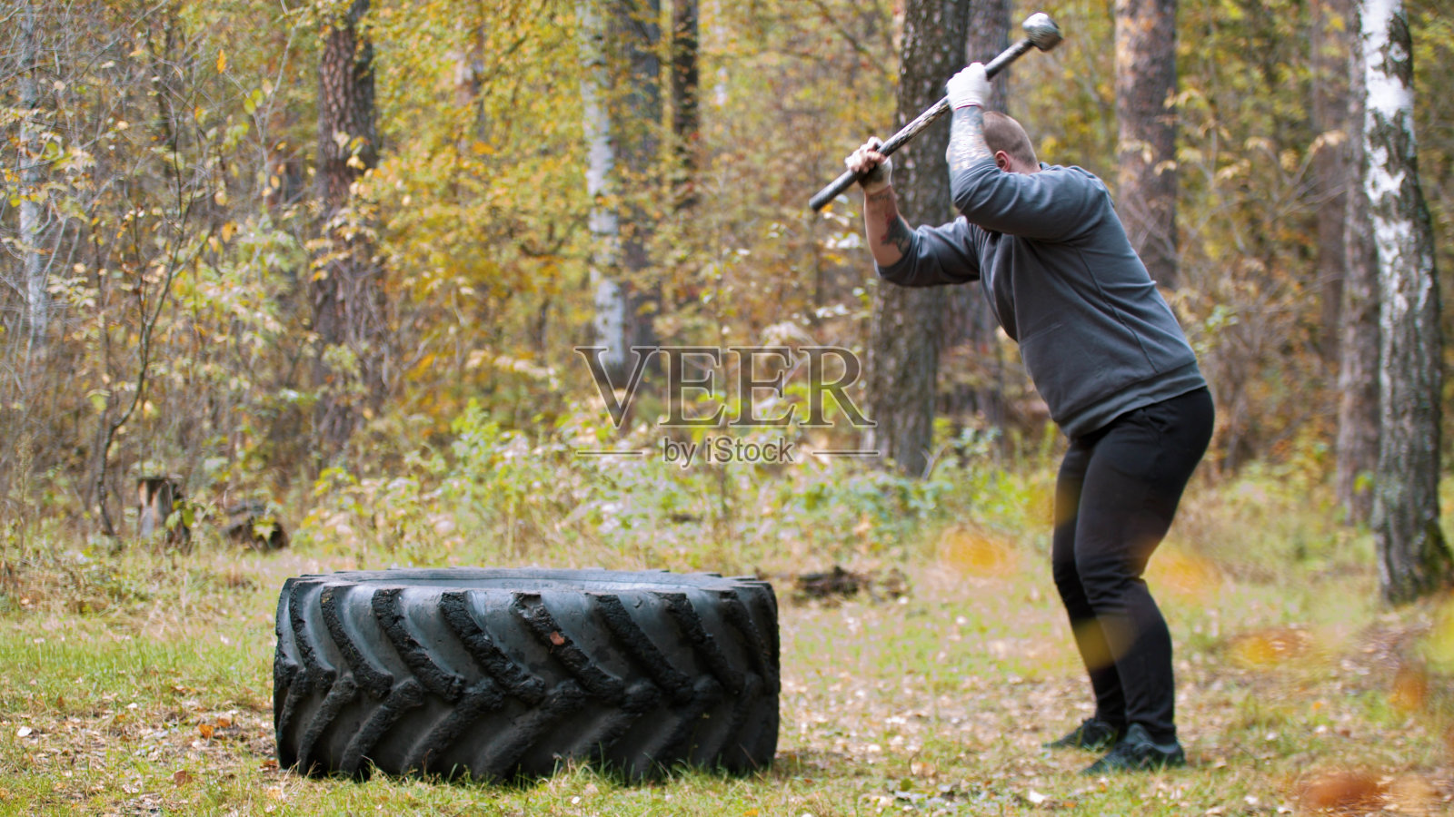 一个健美男子用金属锤敲打卡车轮胎——秋天的森林照片摄影图片