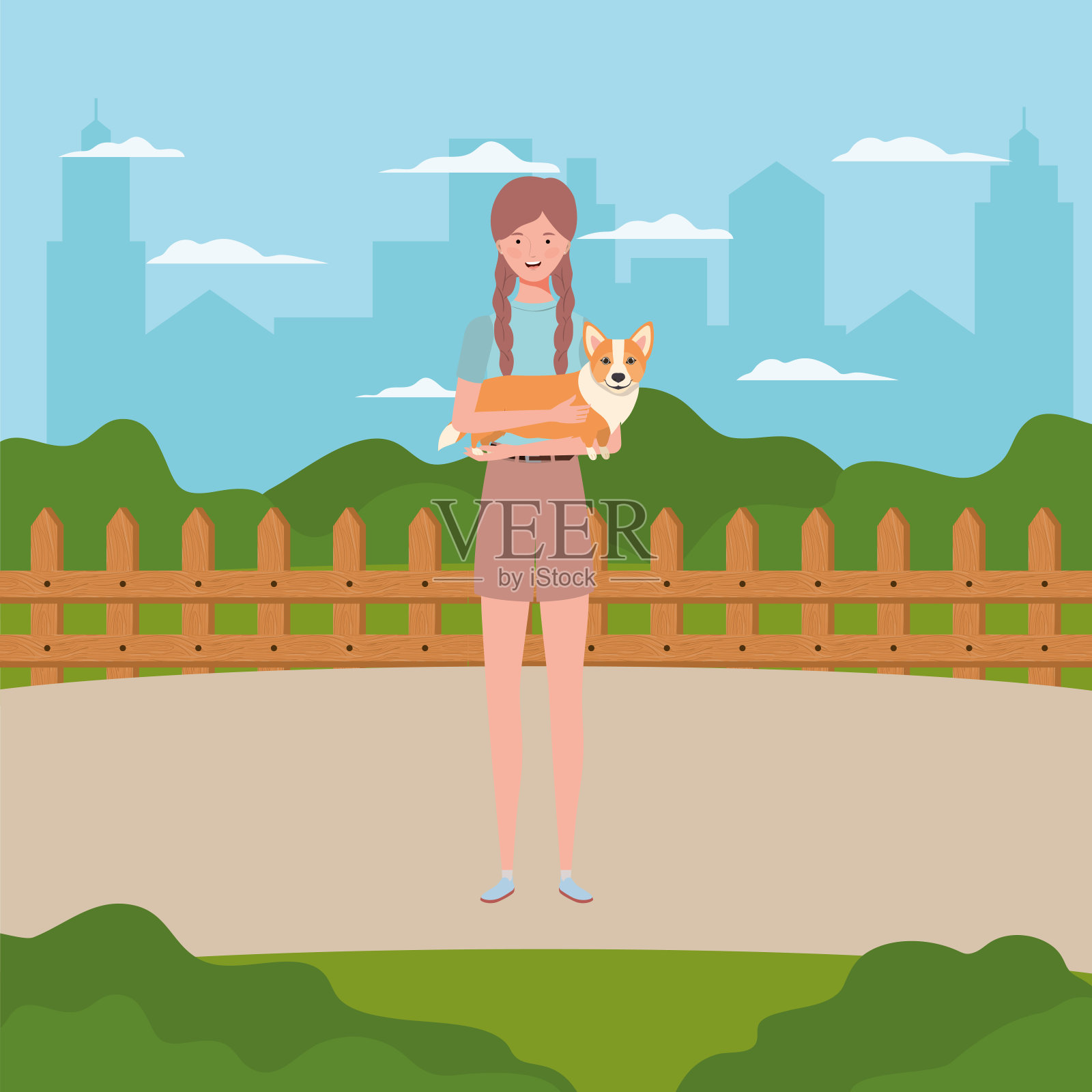 年轻女子和可爱的狗在田野里插画图片素材