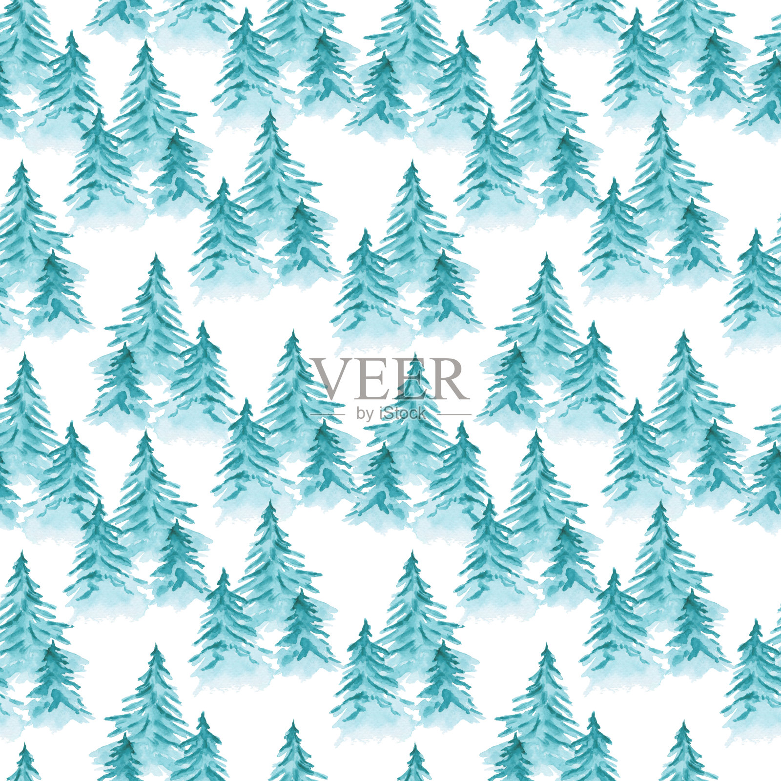 可爱的水彩图案与蓝色雪杉树插画图片素材