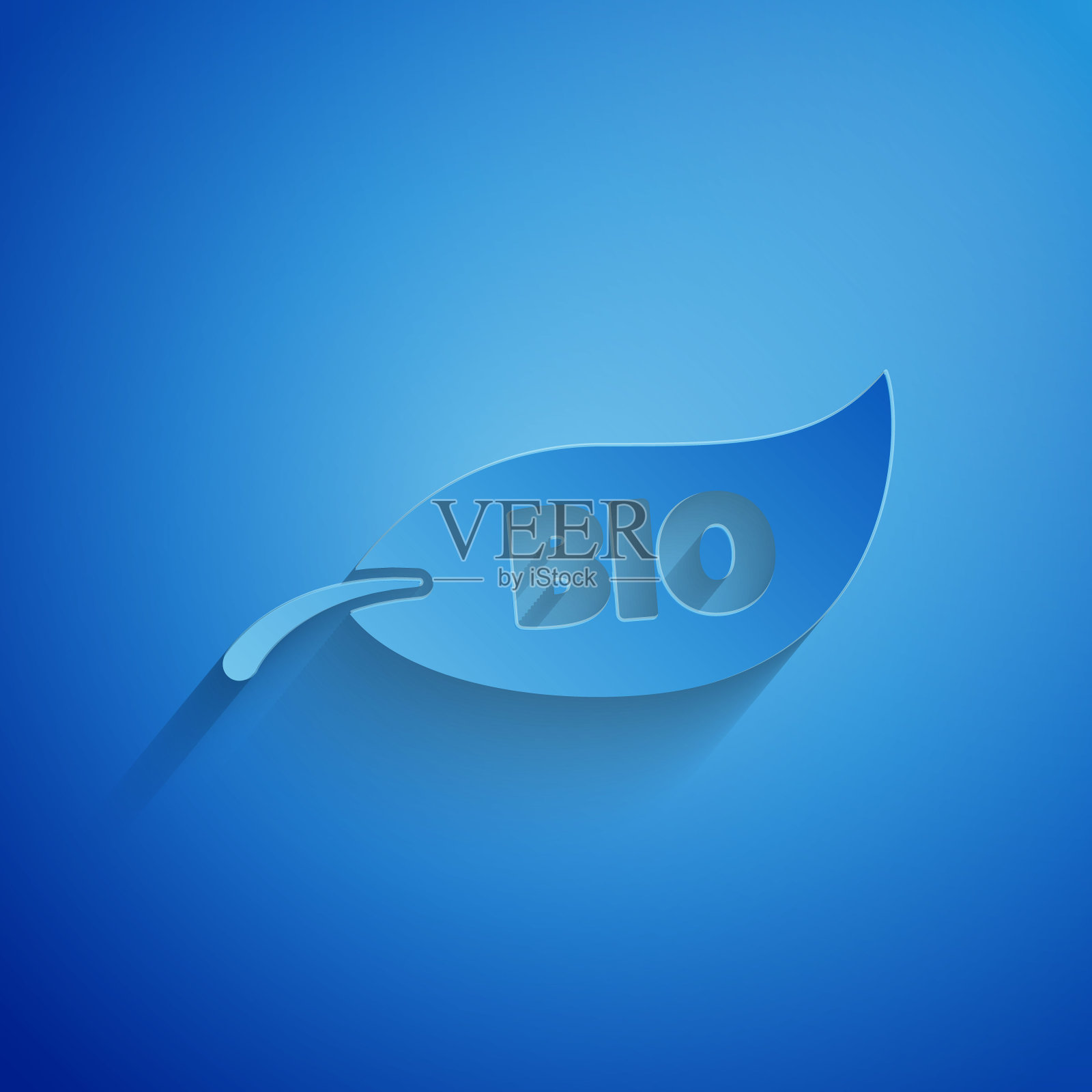 剪纸叶生物符号图标孤立在蓝色背景。横幅,标签,标签,标志,贴纸为生态绿色。纸艺术风格。矢量图插画图片素材