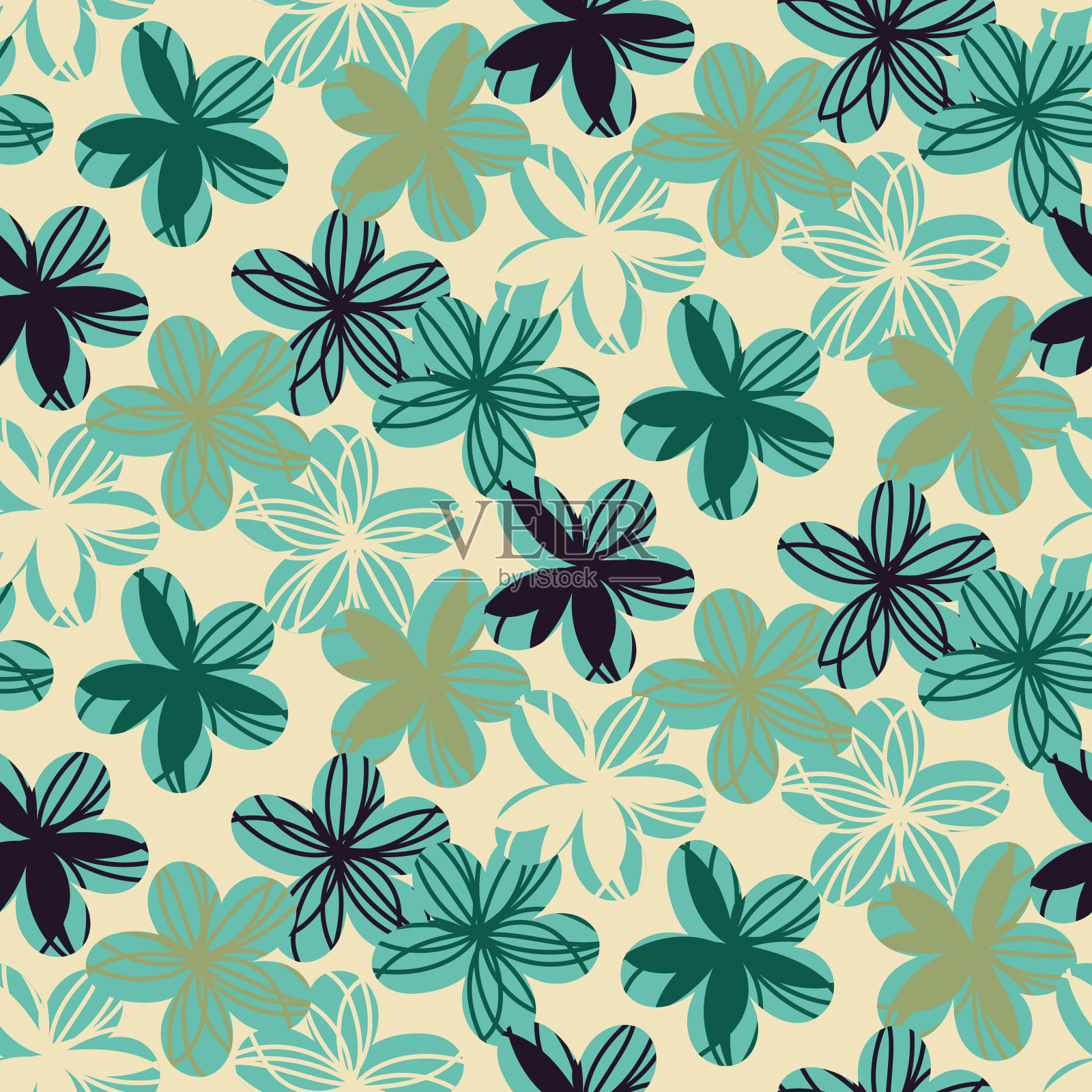 无缝矢量图案与简单的花在深浅薄荷和玉绿色插画图片素材