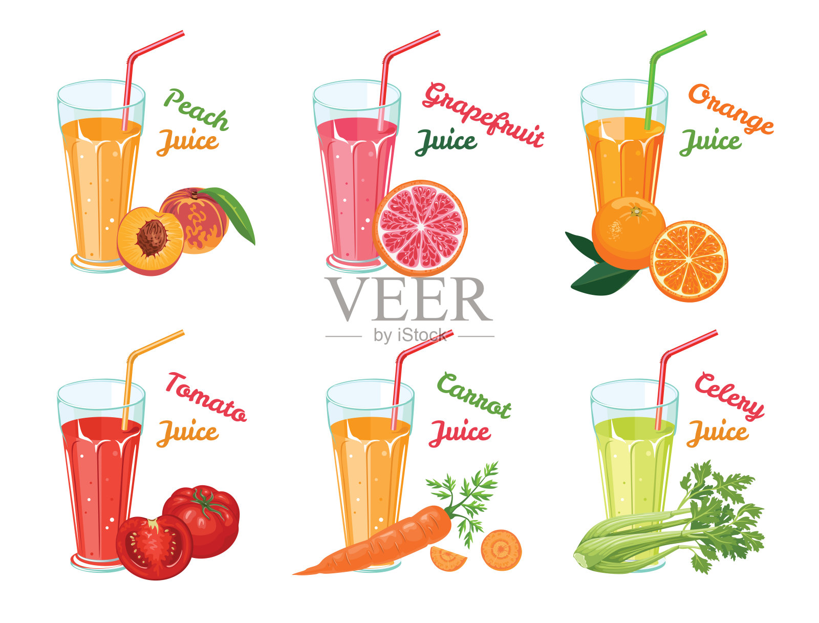 一套不同的水果和蔬菜果汁在玻璃杯孤立的白色背景。健康的维生素的新鲜。桃子,柚子,橙子,西红柿,胡萝卜,芹菜。矢量插图在平面风格。插画图片素材