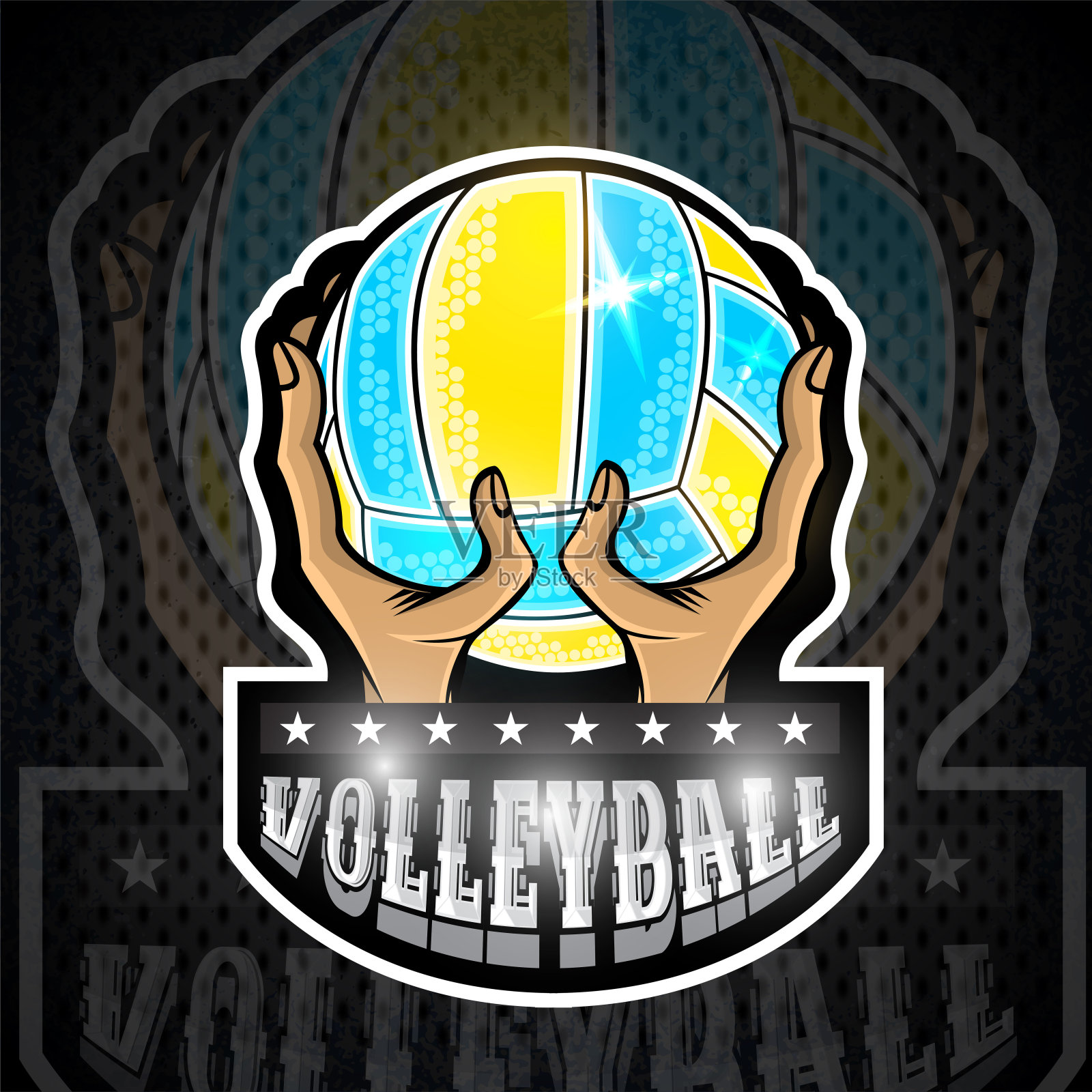 两手握着沙滩排球。矢量运动标签为任何团队和冠军插画图片素材