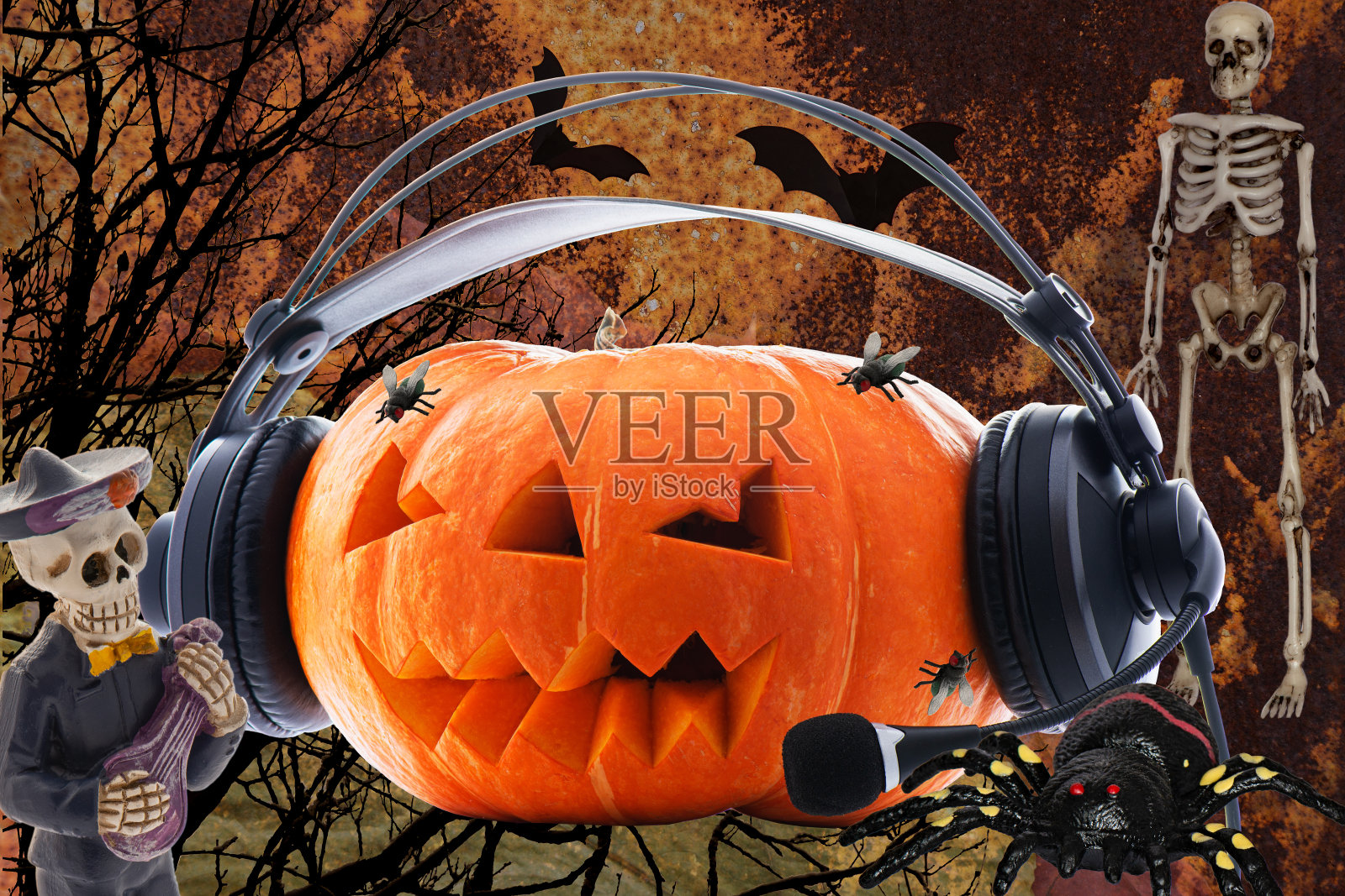 快乐的南瓜兴高采烈地、手忙脚乱地庆祝万圣节,戴着耳机,听着舞蹈音乐,在一个蜘蛛、苍蝇、蝙蝠和两个骨骼舞者的陪伴下照片摄影图片