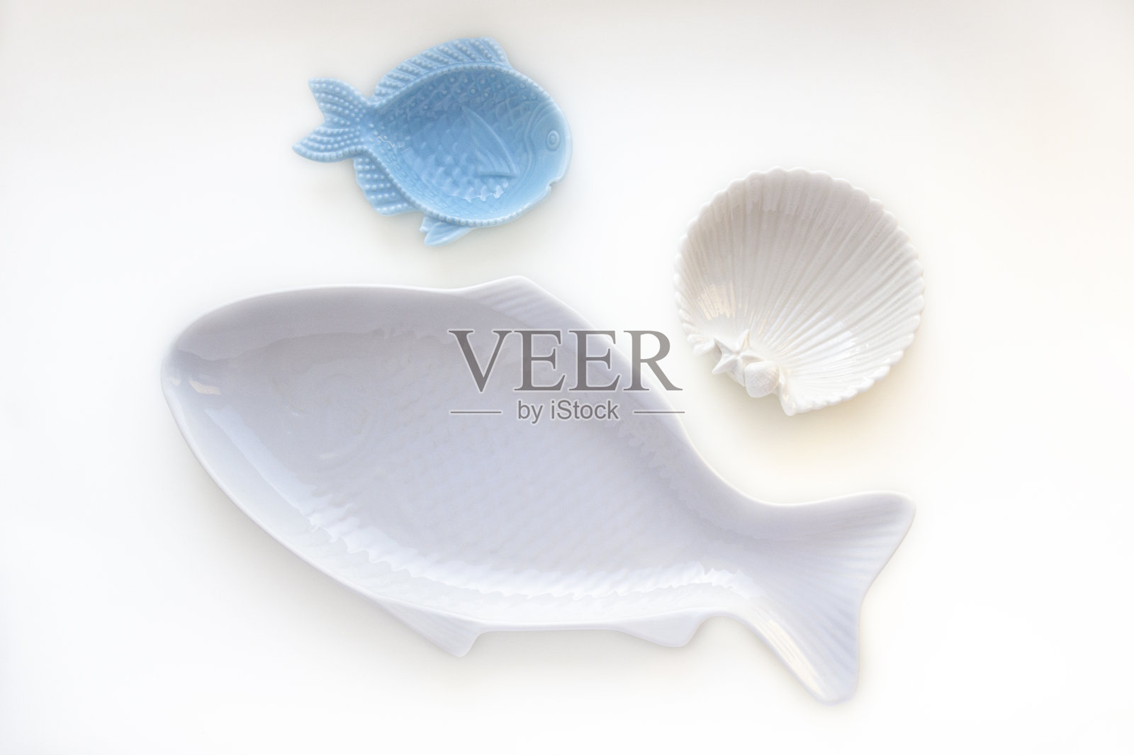 空盘子的形式鱼,海星和贝壳在白色和蓝色的背景。平躺,俯视图照片摄影图片