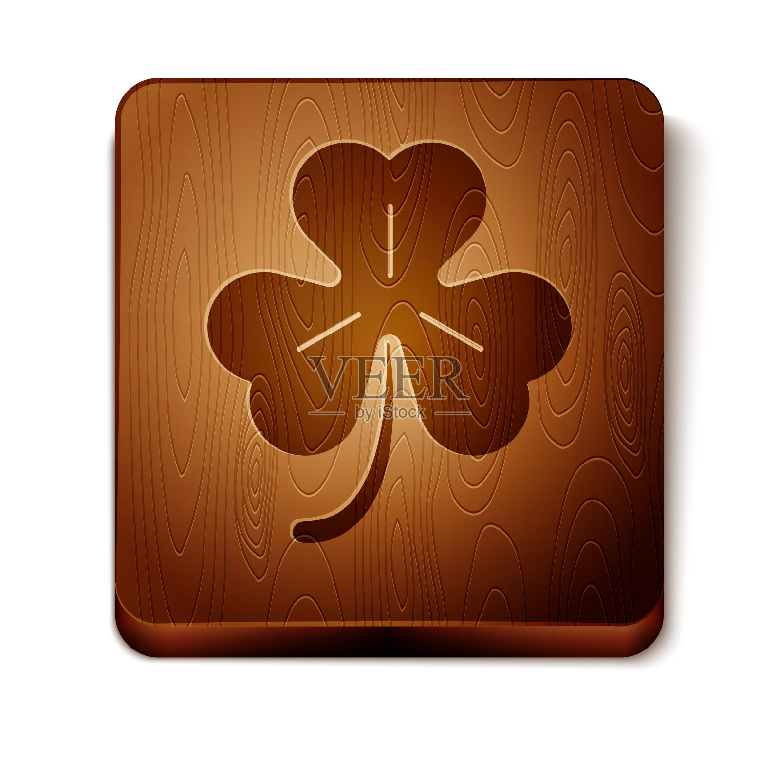 棕色四叶三叶草图标孤立在白色背景上。圣帕特里克节快乐。木制方形按钮。矢量图图标素材