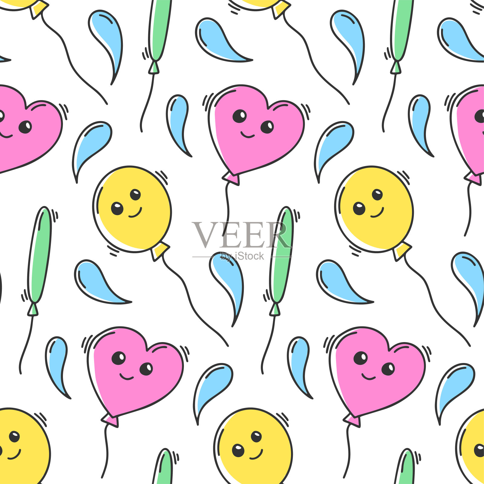 充气气球矢量概念涂鸦和素描风格。手绘插图印刷在t恤,明信片上。无缝模式。插画图片素材