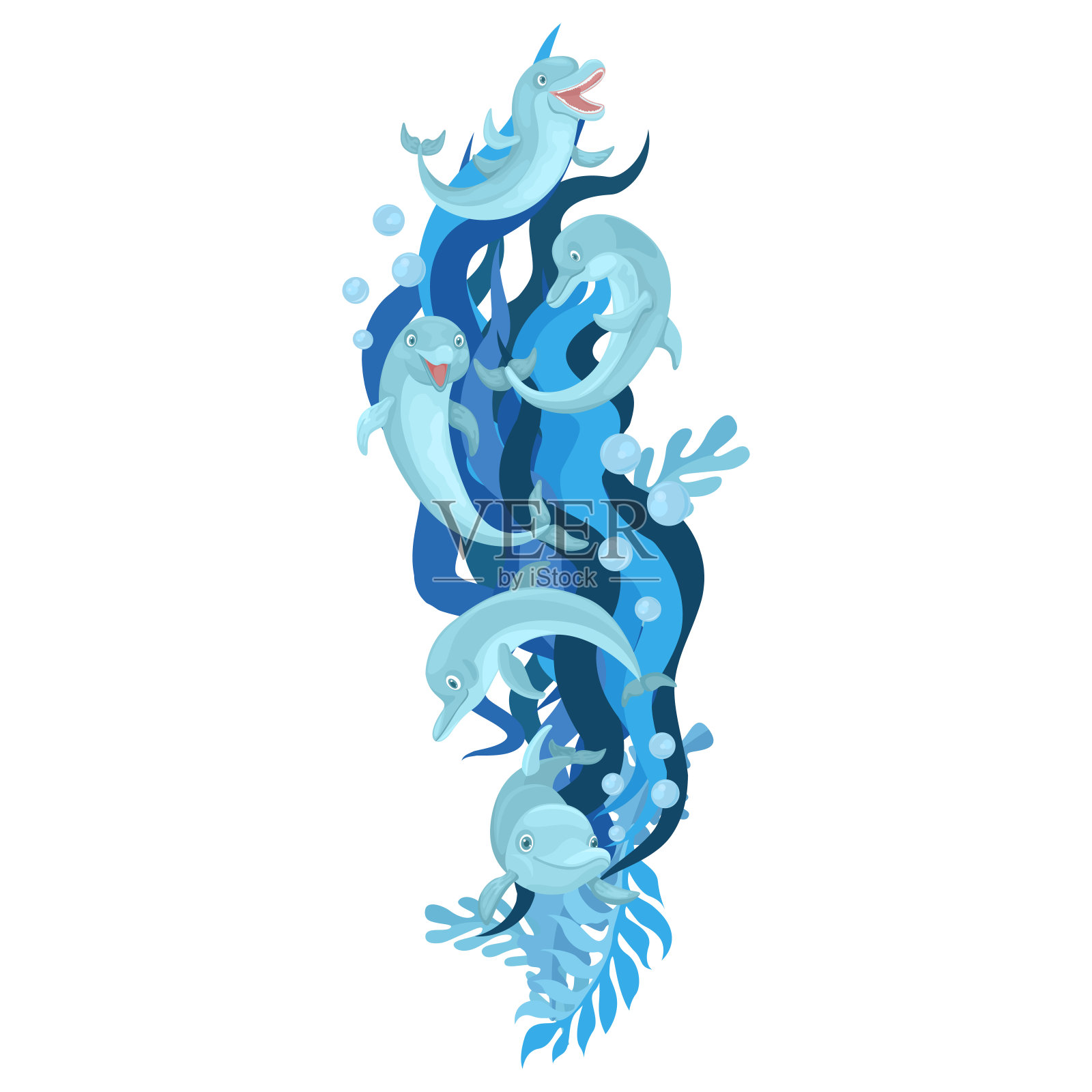 海豚从海浪中跳跃。蓝色水模式。矢量字符在白色背景插画图片素材