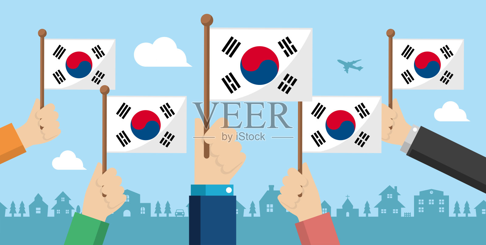 人们手拿国旗,矢量旗帜插图/韩国插画图片素材