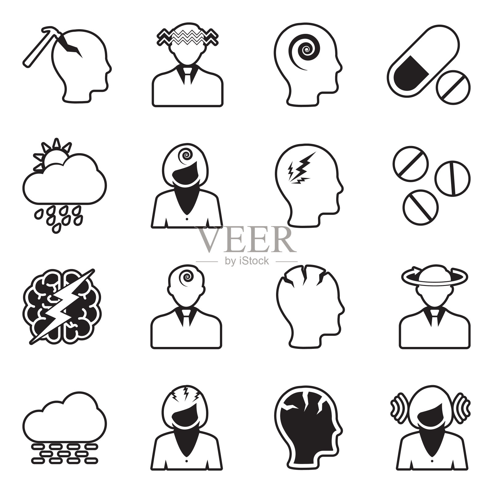 偏头痛和头痛图标,带填充设计的线条,矢量图插画图片素材