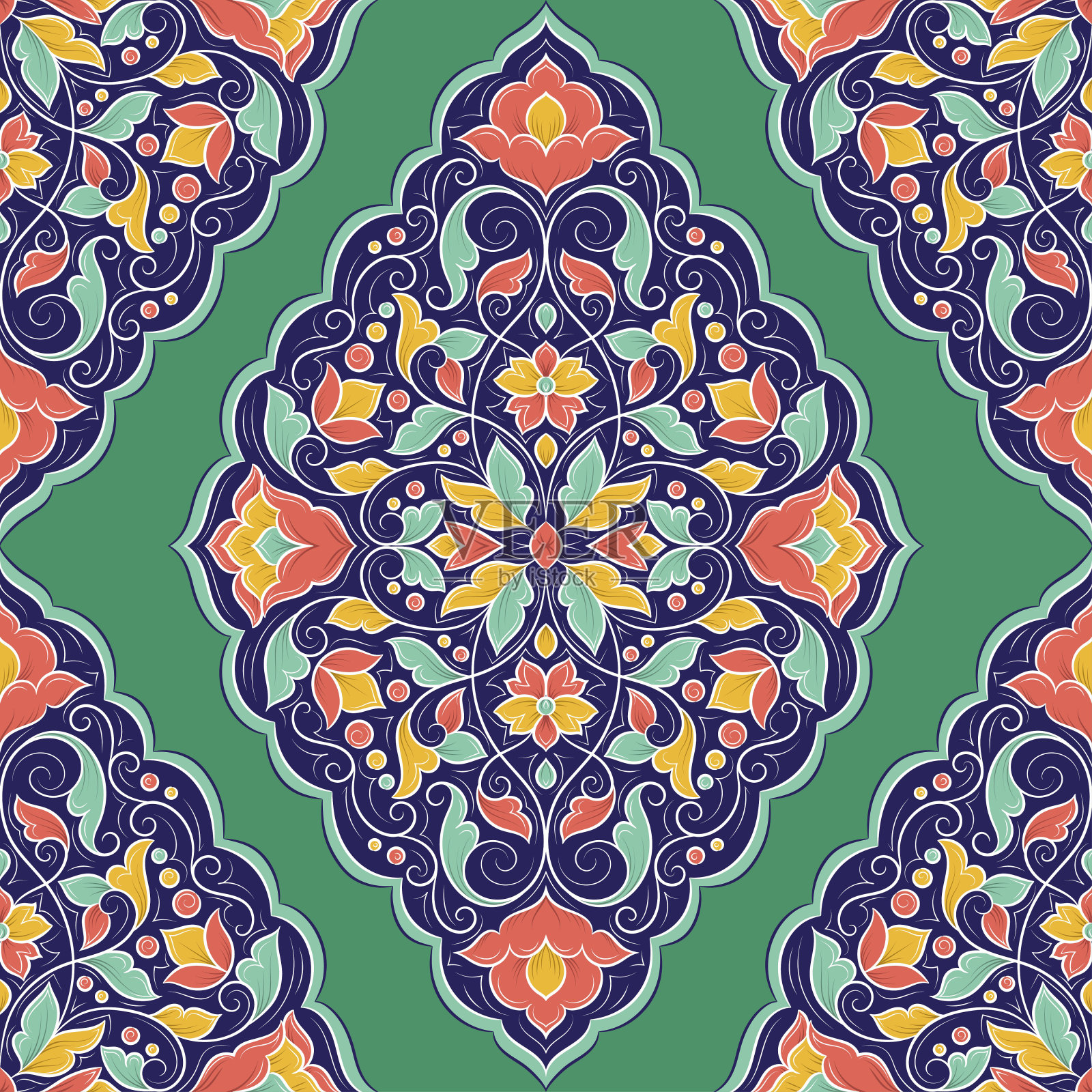 绿红豪华装饰无缝图案。传统的土耳其,印度图案。非常适合织物和纺织品,墙纸,包装或任何理想的想法。插画图片素材