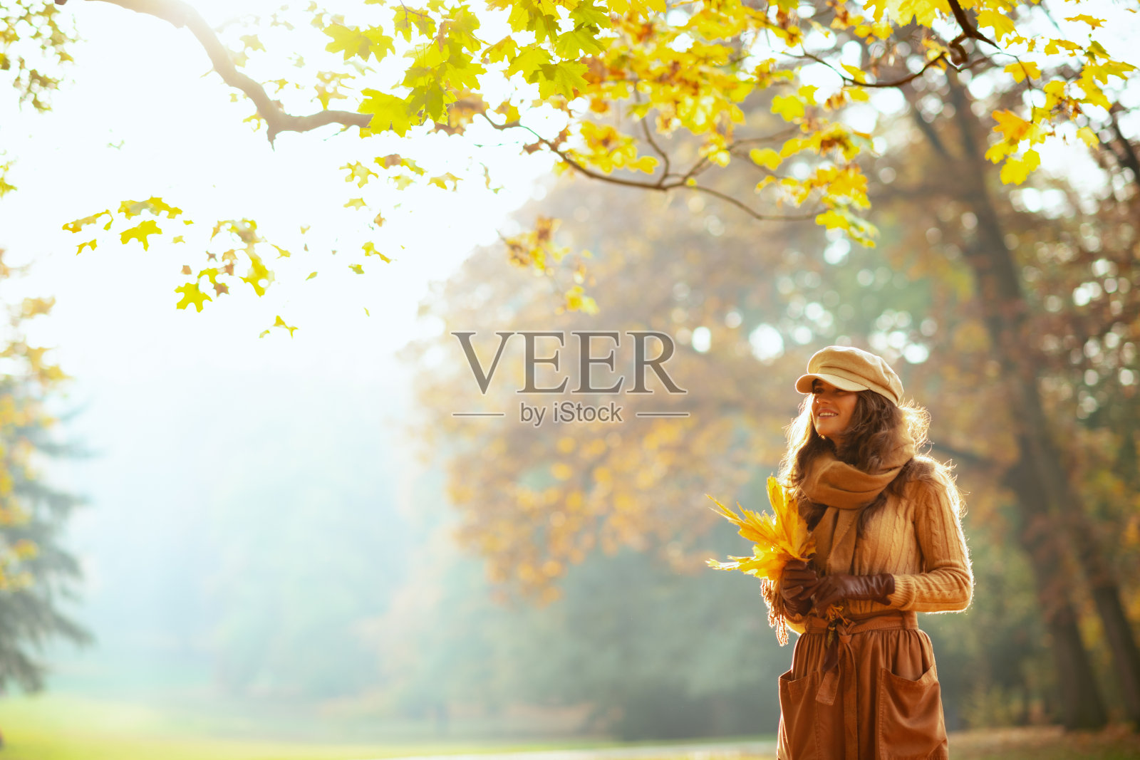 在秋天的公园里,带着黄叶的女人微笑着照片摄影图片