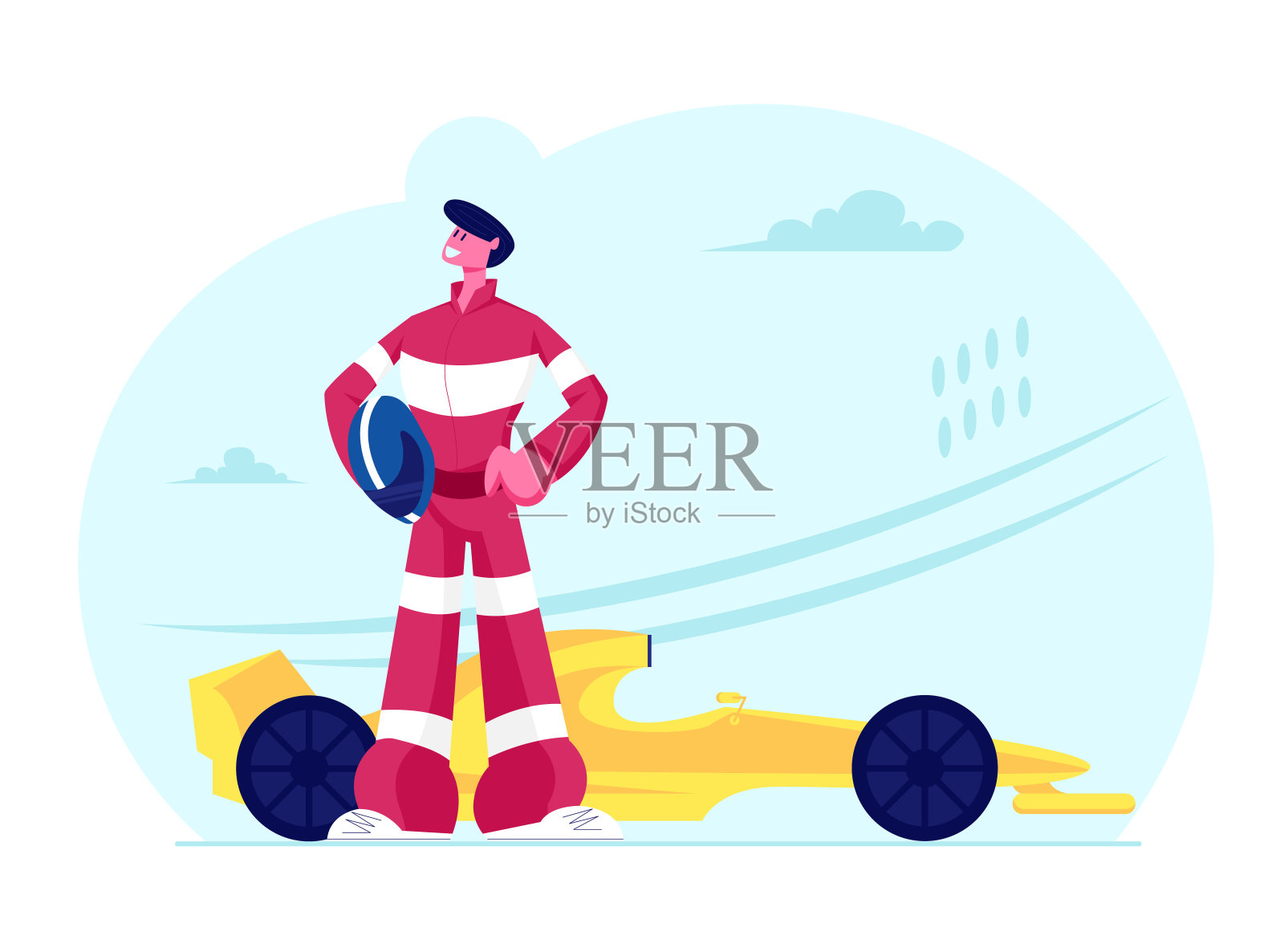 在卡丁车赛道上,在他的车附近摆姿势的卡丁车赛车手制服持有头盔。极限汽车运动比赛,公路奖杯比赛锦标赛,赛车手在卡丁车。卡通平面矢量插图插画图片素材