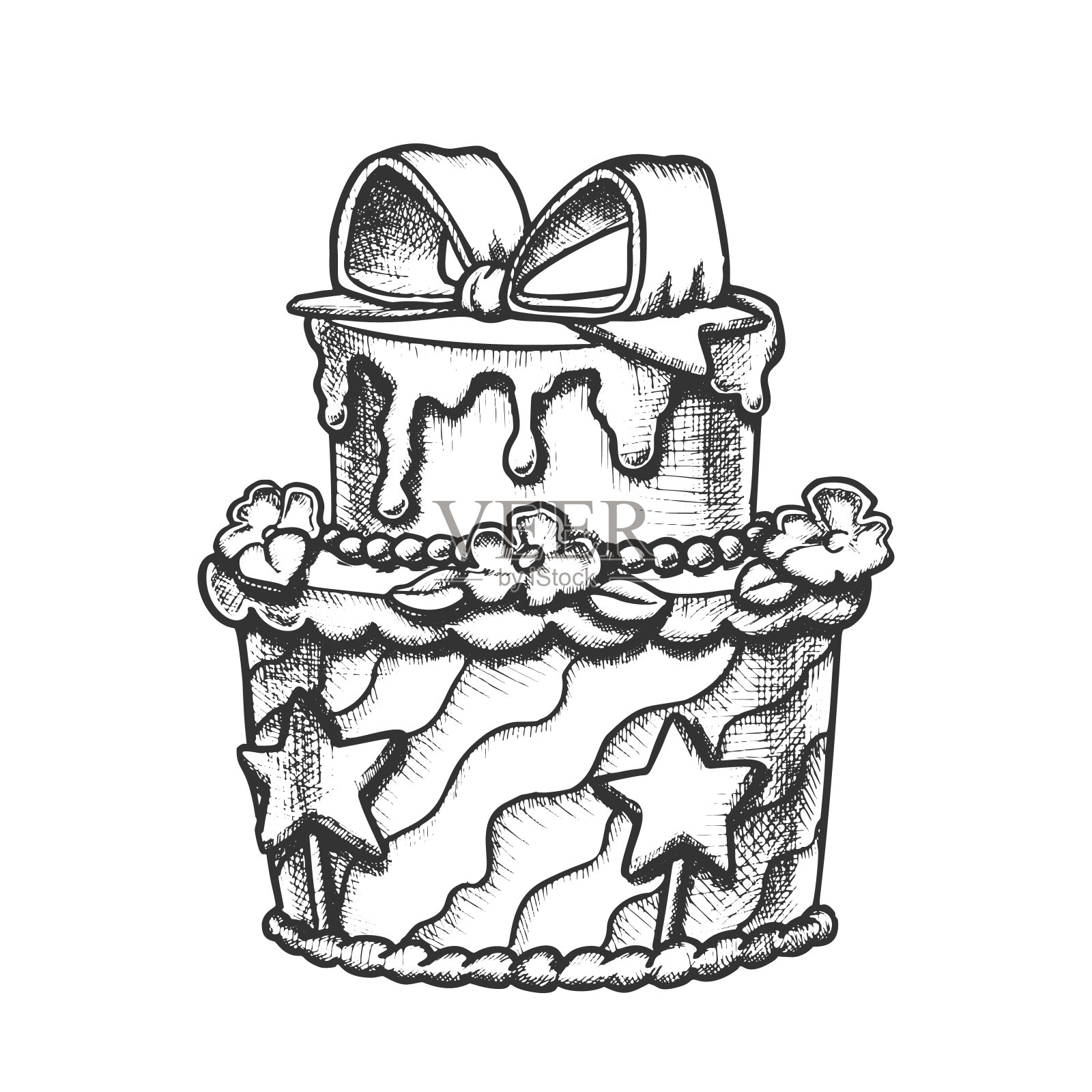 生日蛋糕装饰与弓复古向量插画图片素材