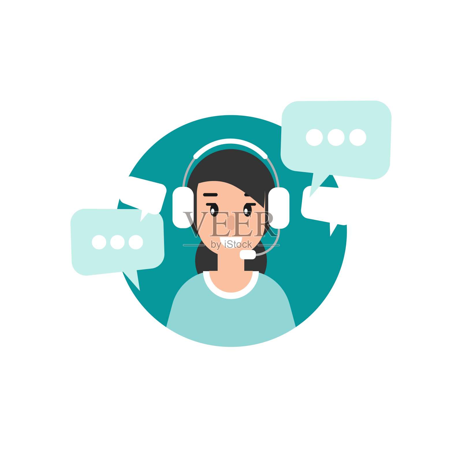 女性操作员戴耳机,麦克风,蓝色圆圈内的语音气泡。插画图片素材